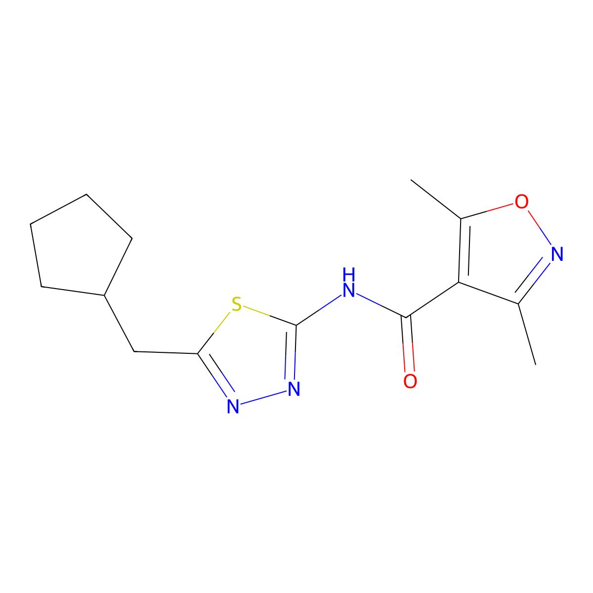 N-[5-(cyclopentylmethyl)-1,3,4-thiadiazol-2-yl]-3,5-dimethyl-1,2-oxazole-4-carboxamide molecular structure, CAS 438219-10-4