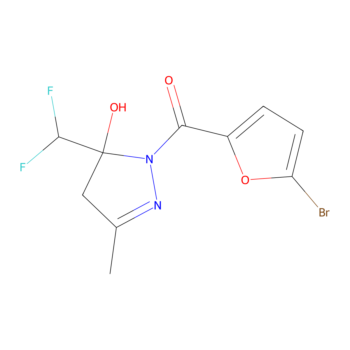 (5-bromofuran-2-yl)[5-(difluoromethyl)-5-hydroxy-3-methyl-4,5-dihydro-1H-pyrazol-1-yl]methanone molecular structure, CAS 438219-26-2
