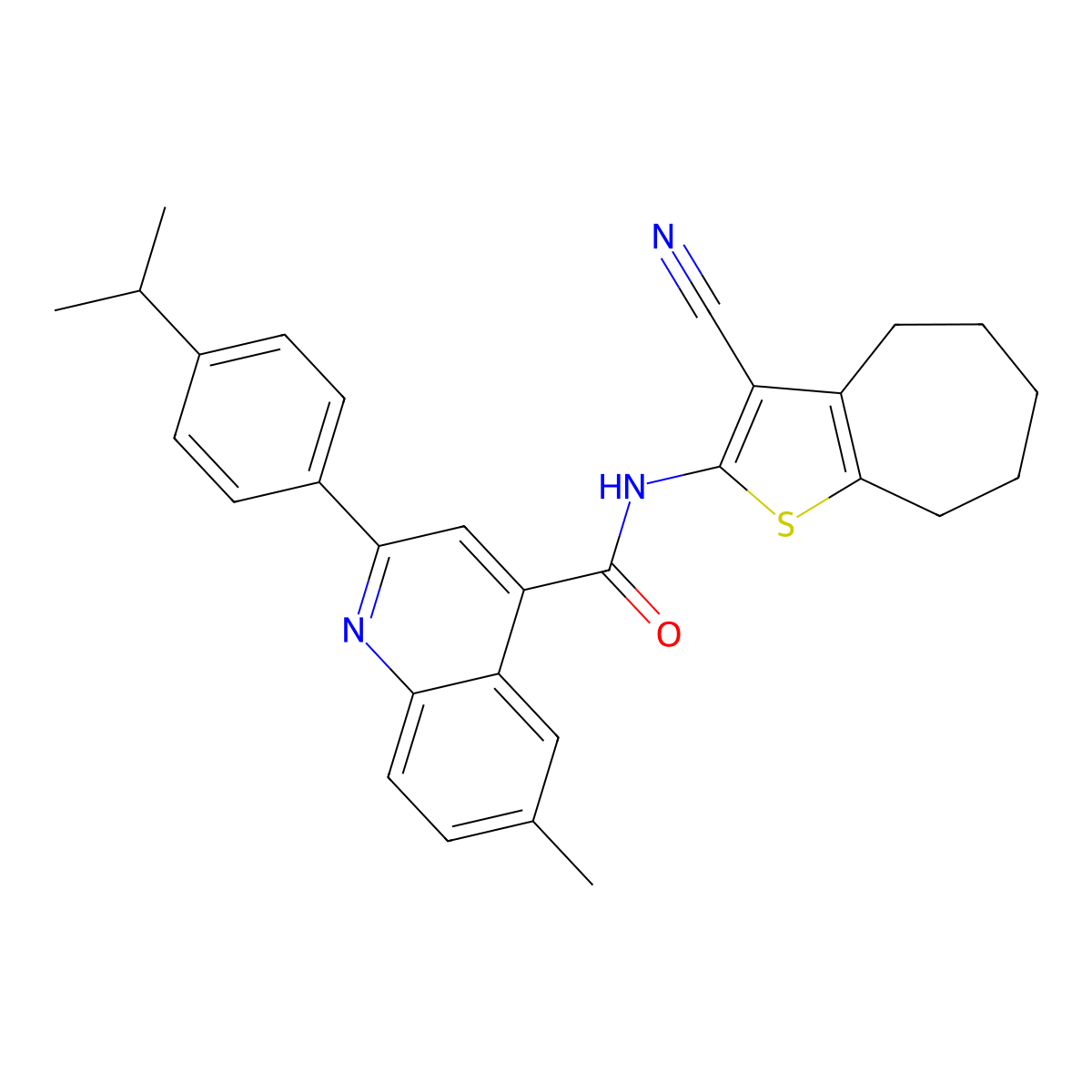 N-(3-cyano-5,6,7,8-tetrahydro-4H-cyclohepta[b]thiophen-2-yl)-6-methyl-2-(4-propan-2-ylphenyl)quinoline-4-carboxamide molecular structure, CAS 438219-28-4