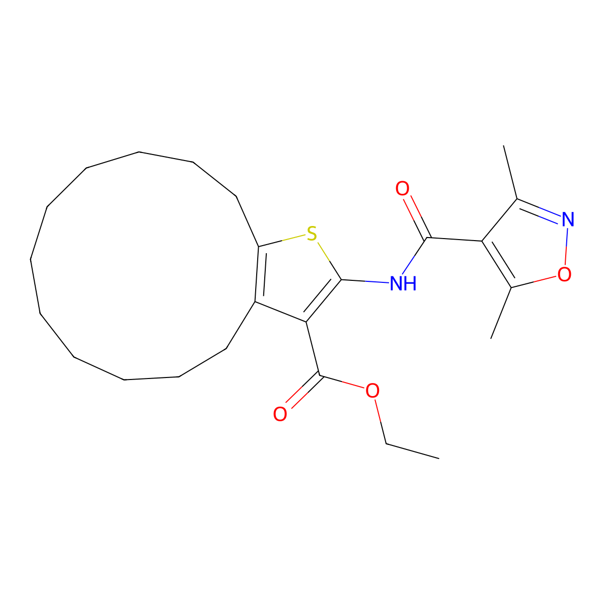 Ethyl 15-[(3,5-dimethyl-1,2-oxazole-4-carbonyl)amino]-14-thiabicyclo[11.3.0]hexadeca-1(13),15-diene-16-carboxylate molecular structure, CAS 438219-54-6