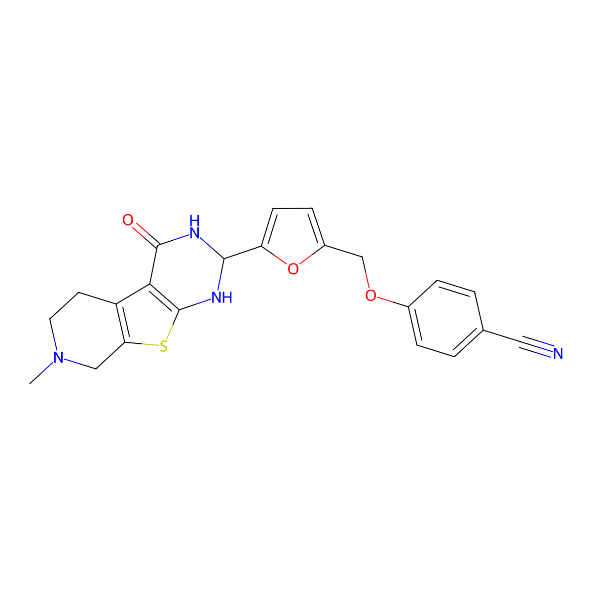 4-[[5-(1,2,3,4,5,6,7,8-Octahydro-7-methyl-4-oxopyrido[4',3':4,5]thieno[2,3-d]pyrimidin-2-yl)-2-furanyl]methoxy]benzonitrile molecular structure, CAS 438219-60-4