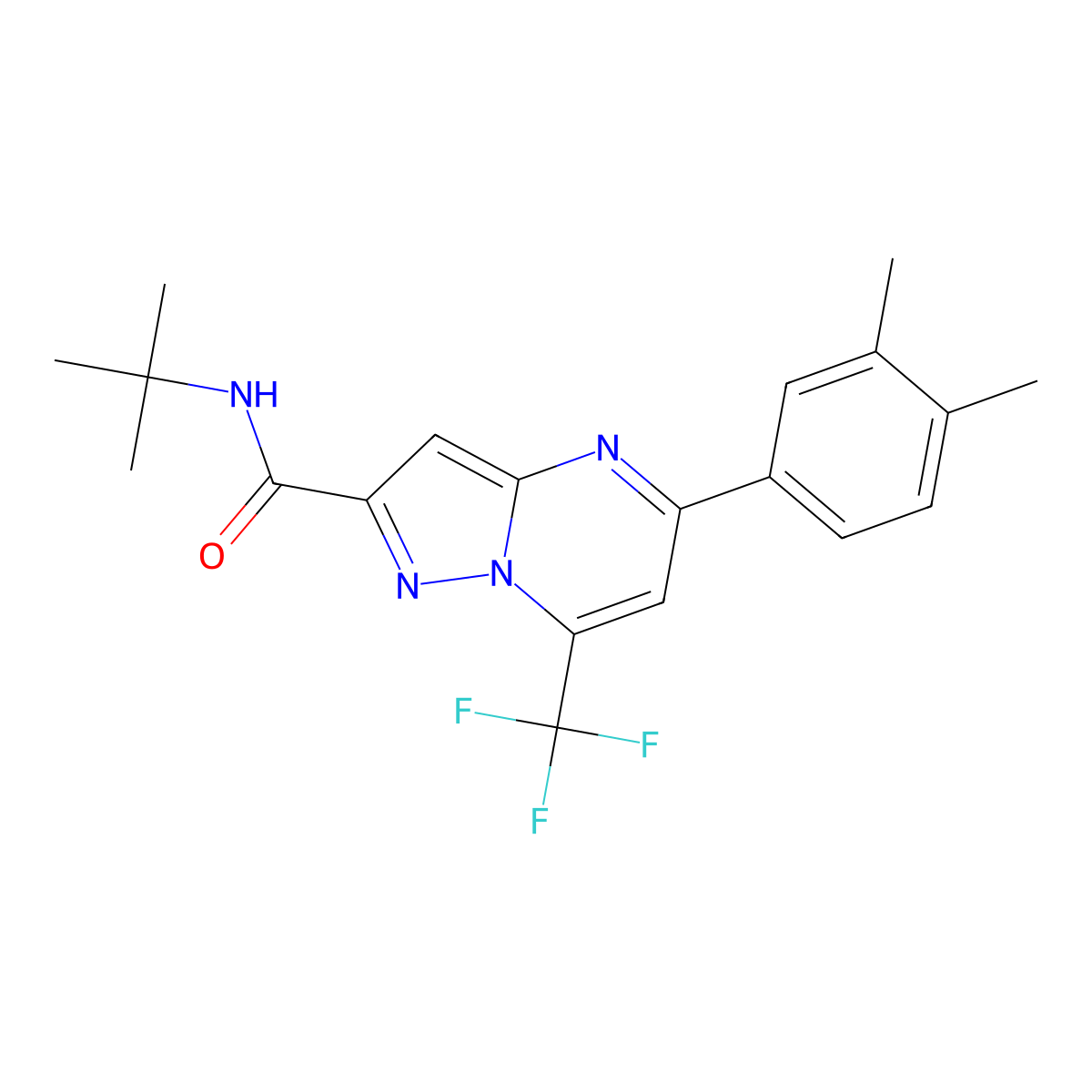 N-(1,1-Dimethylethyl)-5-(3,4-dimethylphenyl)-7-(trifluoromethyl)pyrazolo(1,5-a)pyrimidine-2-carboxamide molecular structure, CAS 438219-63-7