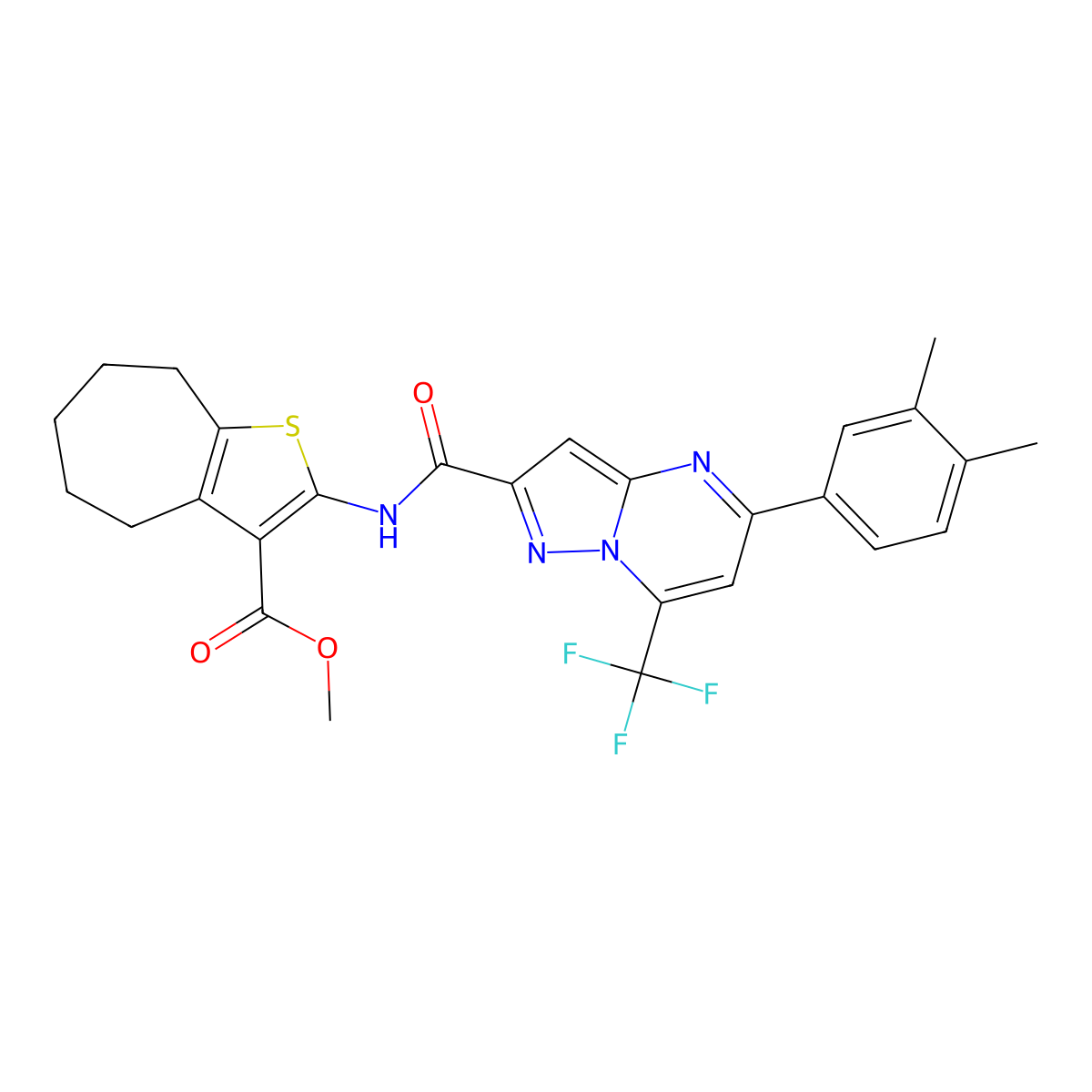 methyl 2-({[5-(3,4-dimethylphenyl)-7-(trifluoromethyl)pyrazolo[1,5-a]pyrimidin-2-yl]carbonyl}amino)-5,6,7,8-tetrahydro-4H-cyclohepta[b]thiophene-3-carboxylate molecular structure, CAS 438219-72-8
