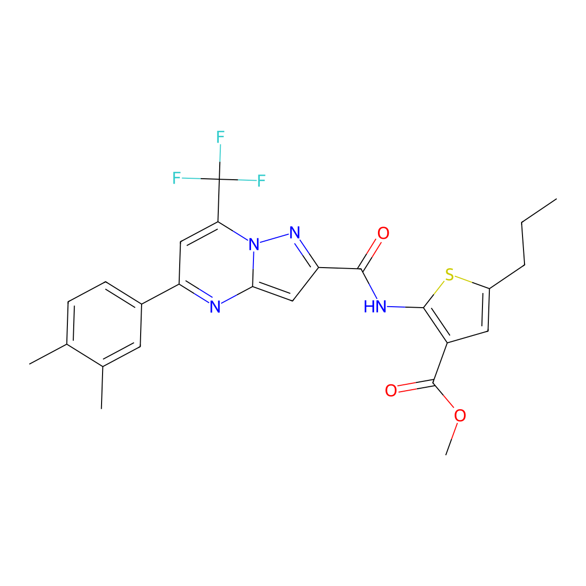 Methyl 2-[[5-(3,4-dimethylphenyl)-7-(trifluoromethyl)pyrazolo[1,5-a]pyrimidine-2-carbonyl]amino]-5-propylthiophene-3-carboxylate molecular structure, CAS 438219-80-8