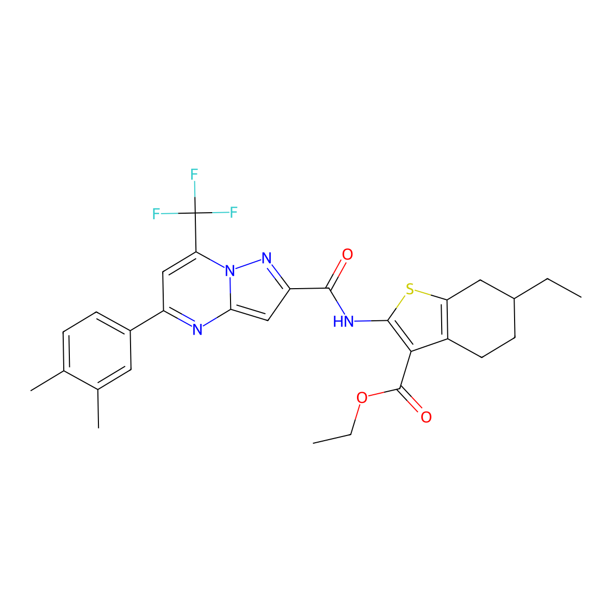 Ethyl 2-({[5-(3,4-dimethylphenyl)-7-(trifluoromethyl)pyrazolo[1,5-a]pyrimidin-2-yl]carbonyl}amino)-6-ethyl-4,5,6,7-tetrahydro-1-benzothiophene-3-carboxylate molecular structure, CAS 438219-89-7