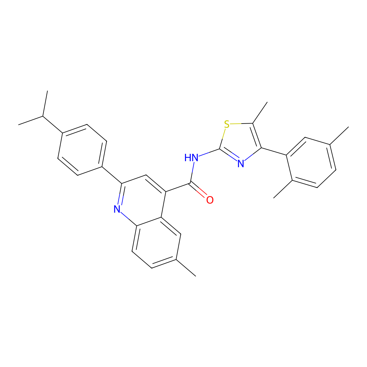 N-[4-(2,5-dimethylphenyl)-5-methyl-1,3-thiazol-2-yl]-6-methyl-2-(4-propan-2-ylphenyl)quinoline-4-carboxamide molecular structure, CAS 438219-99-9