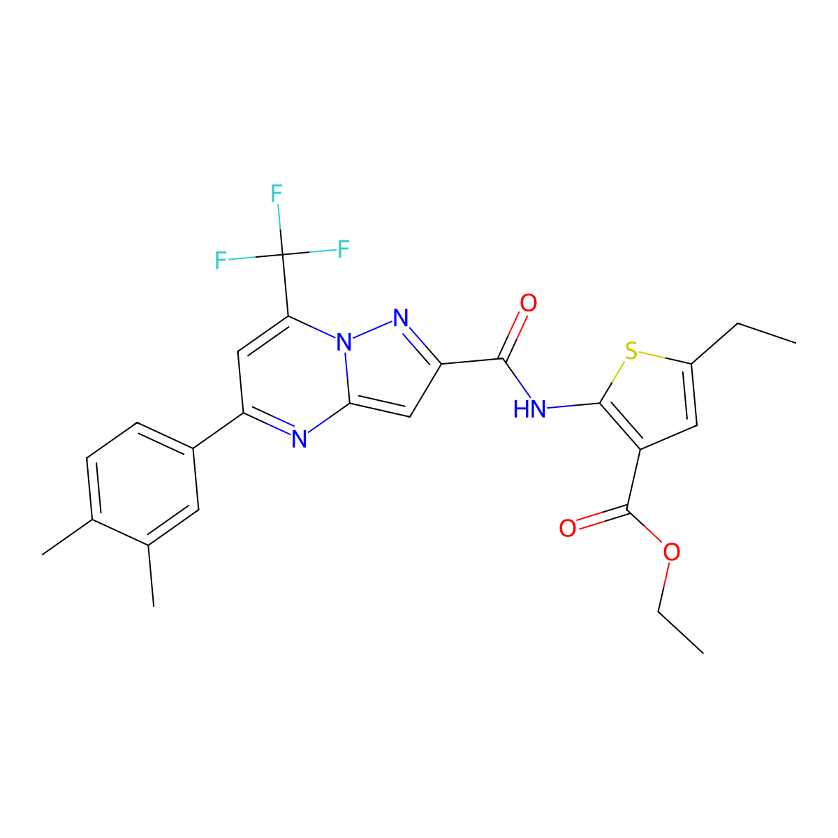 Ethyl 2-({[5-(3,4-dimethylphenyl)-7-(trifluoromethyl)pyrazolo[1,5-a]pyrimidin-2-yl]carbonyl}amino)-5-ethyl-3-thiophenecarboxylate molecular structure, CAS 438220-00-9