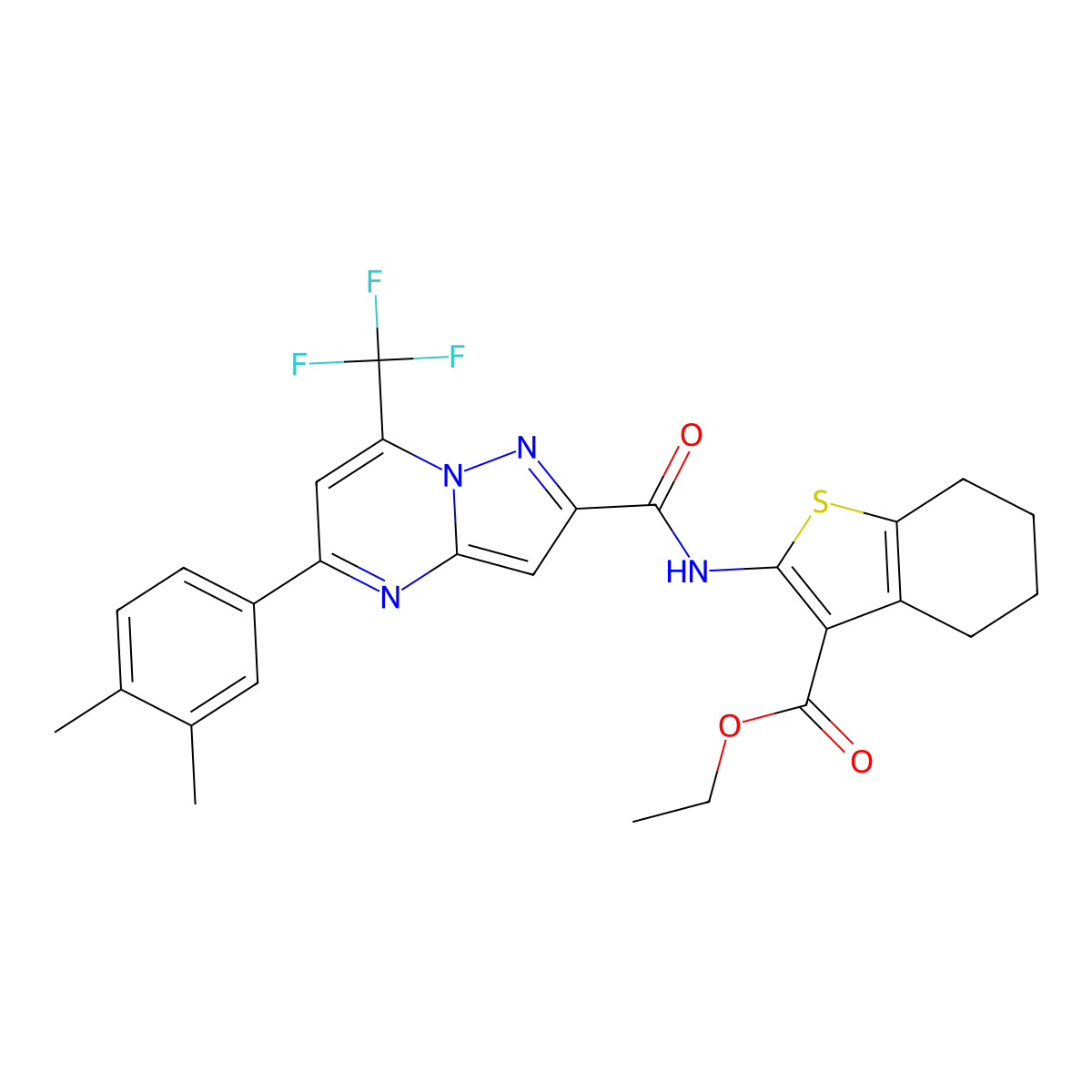 Ethyl 2-({[5-(3,4-dimethylphenyl)-7-(trifluoromethyl)pyrazolo[1,5-a]pyrimidin-2-yl]carbonyl}amino)-4,5,6,7-tetrahydro-1-benzothiophene-3-carboxylate molecular structure, CAS 438220-30-5