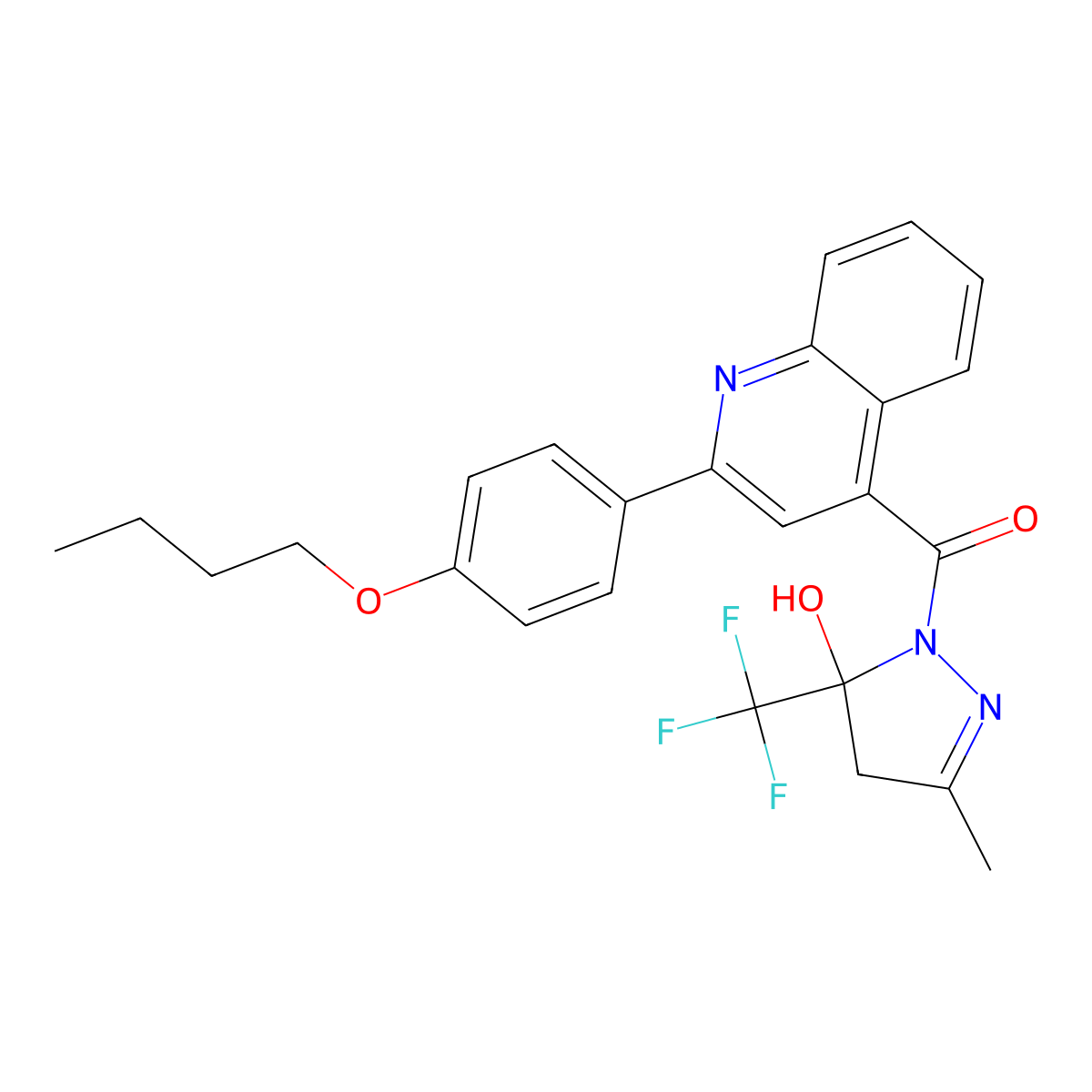 [2-(4-butoxyphenyl)quinolin-4-yl]-[5-hydroxy-3-methyl-5-(trifluoromethyl)-4H-pyrazol-1-yl]methanone molecular structure, CAS 438220-63-4