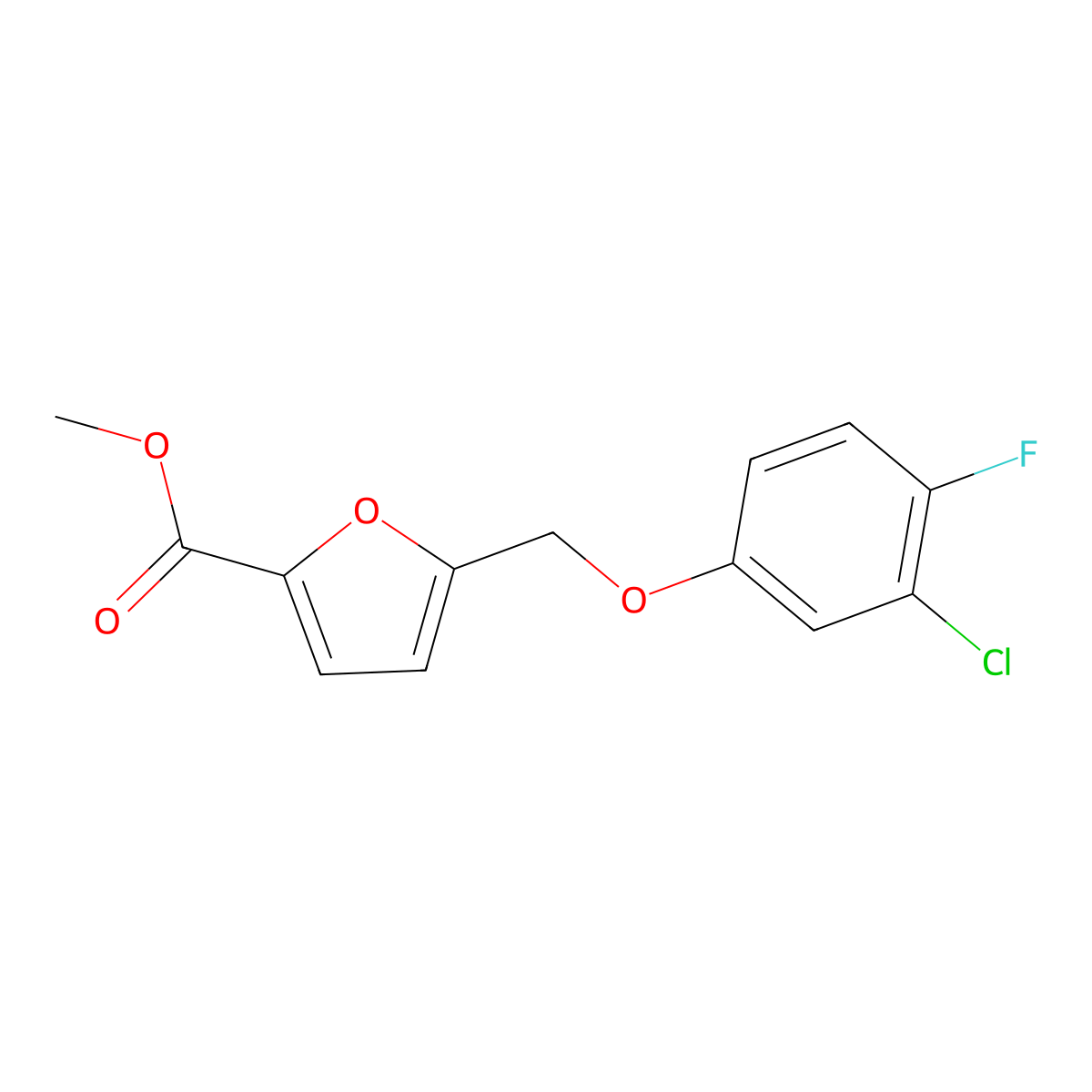 Methyl 5-((3-chloro-4-fluorophenoxy)methyl)-2-furancarboxylate molecular structure, CAS 438220-65-6