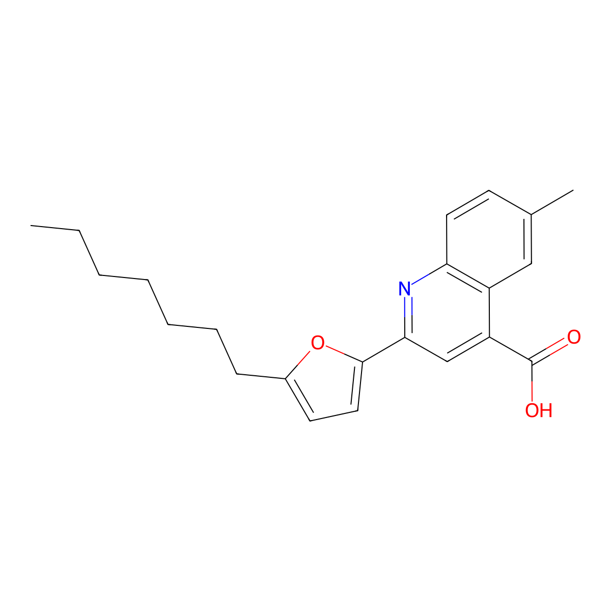 2-(5-Heptylfuran-2-yl)-6-methylquinoline-4-carboxylic acid molecular structure, CAS 438220-86-1