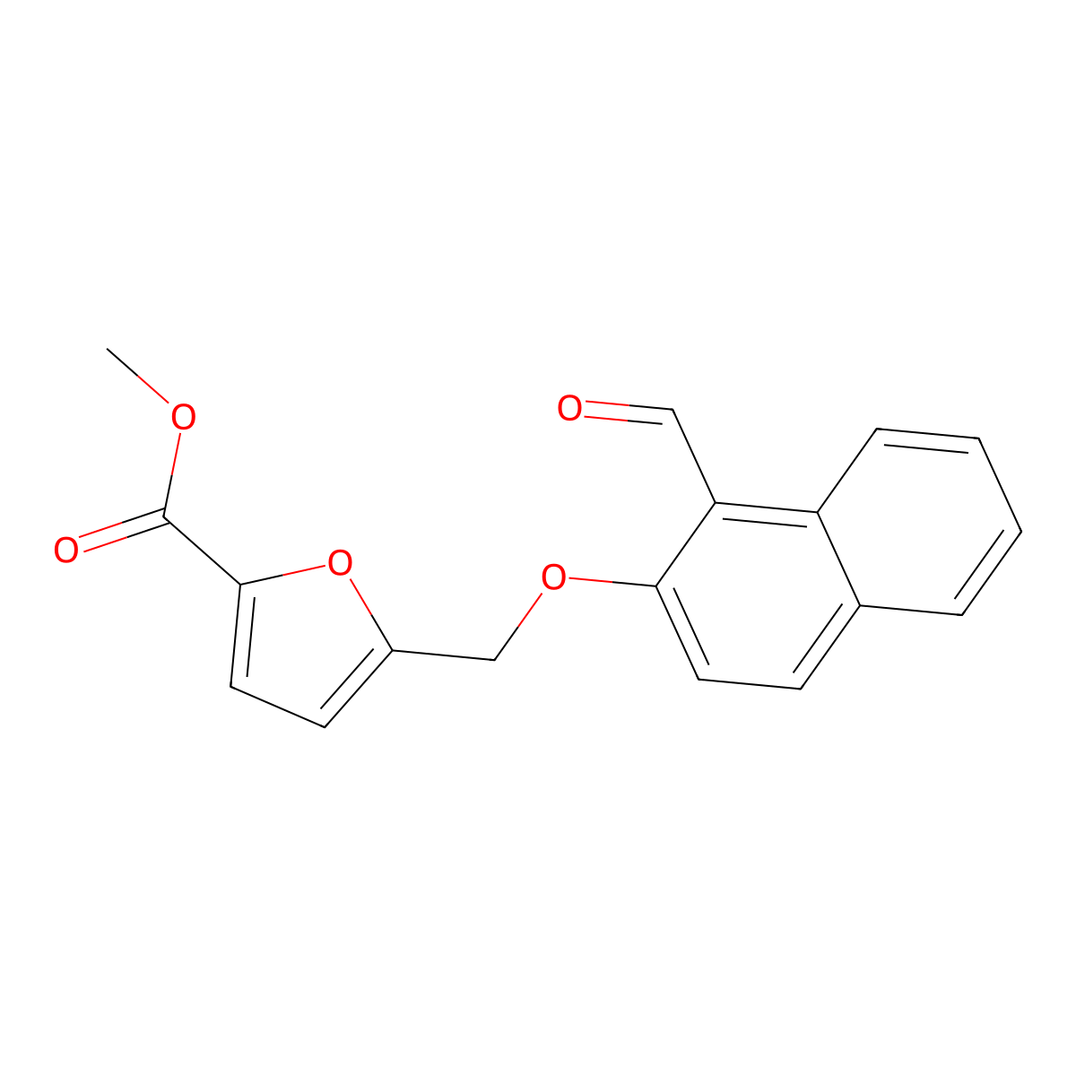 Methyl 5-(((1-formyl-2-naphthalenyl)oxy)methyl)-2-furancarboxylate molecular structure, CAS 438221-05-7