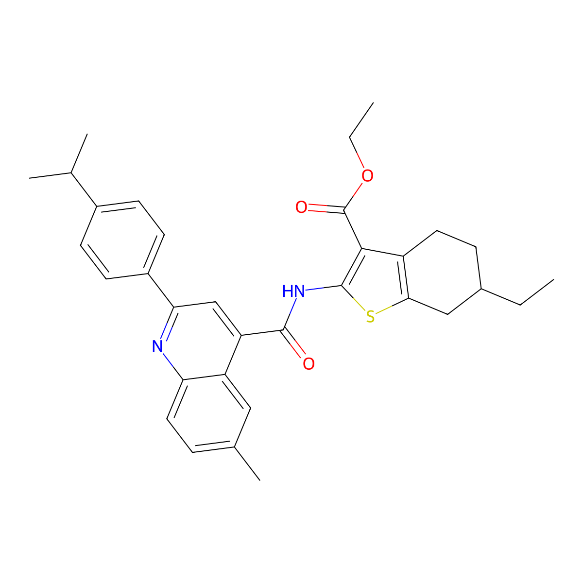 Ethyl 6-ethyl-2-[({6-methyl-2-[4-(propan-2-yl)phenyl]quinolin-4-yl}carbonyl)amino]-4,5,6,7-tetrahydro-1-benzothiophene-3-carboxylate molecular structure, CAS 438221-09-1