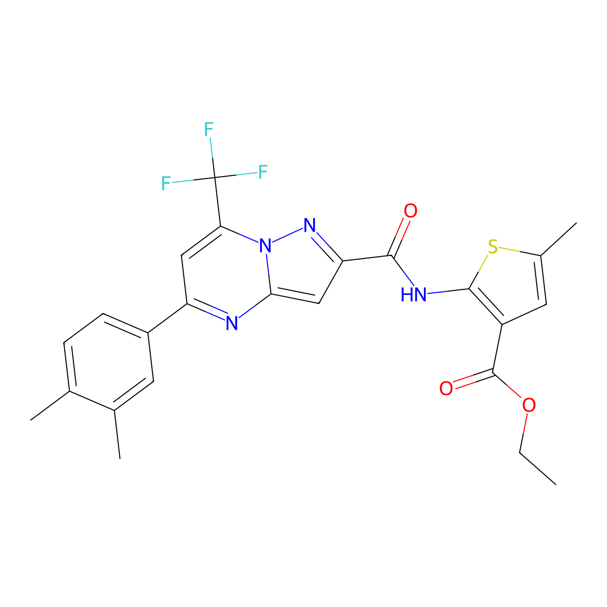 Ethyl 2-[[5-(3,4-dimethylphenyl)-7-(trifluoromethyl)pyrazolo[1,5-a]pyrimidine-2-carbonyl]amino]-5-methylthiophene-3-carboxylate molecular structure, CAS 438221-36-4