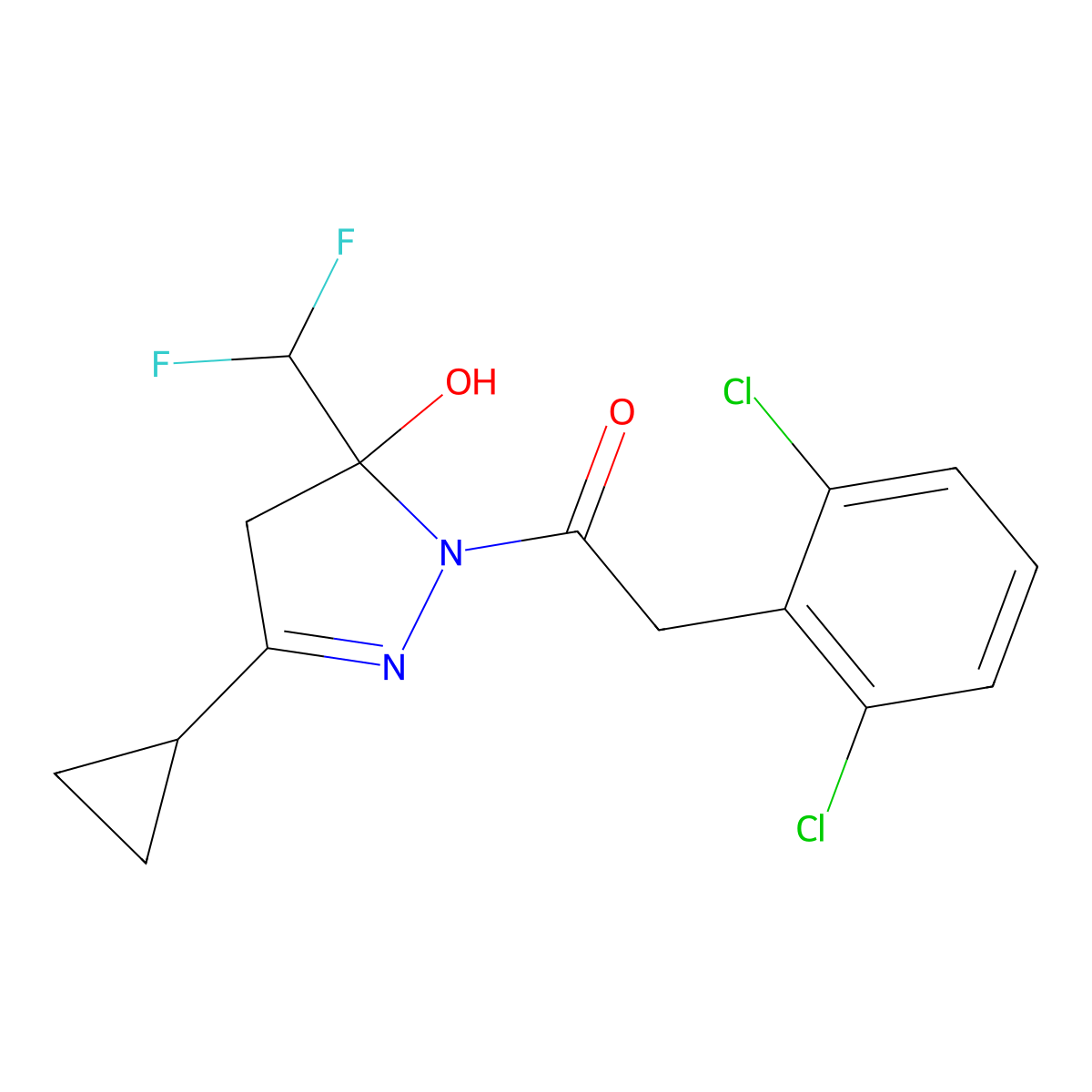 1-[3-cyclopropyl-5-(difluoromethyl)-5-hydroxy-4H-pyrazol-1-yl]-2-(2,6-dichlorophenyl)ethanone molecular structure, CAS 438221-58-0