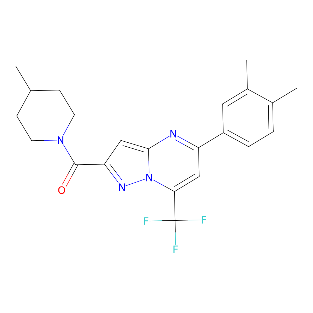 [5-(3,4-Dimethylphenyl)-7-(trifluoromethyl)pyrazolo[1,5-a]pyrimidin-2-yl]-(4-methylpiperidin-1-yl)methanone molecular structure, CAS 438221-78-4