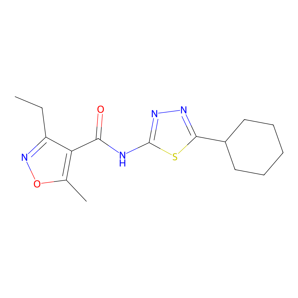 N-(5-cyclohexyl-1,3,4-thiadiazol-2-yl)-3-ethyl-5-methyl-1,2-oxazole-4-carboxamide molecular structure, CAS 438221-94-4
