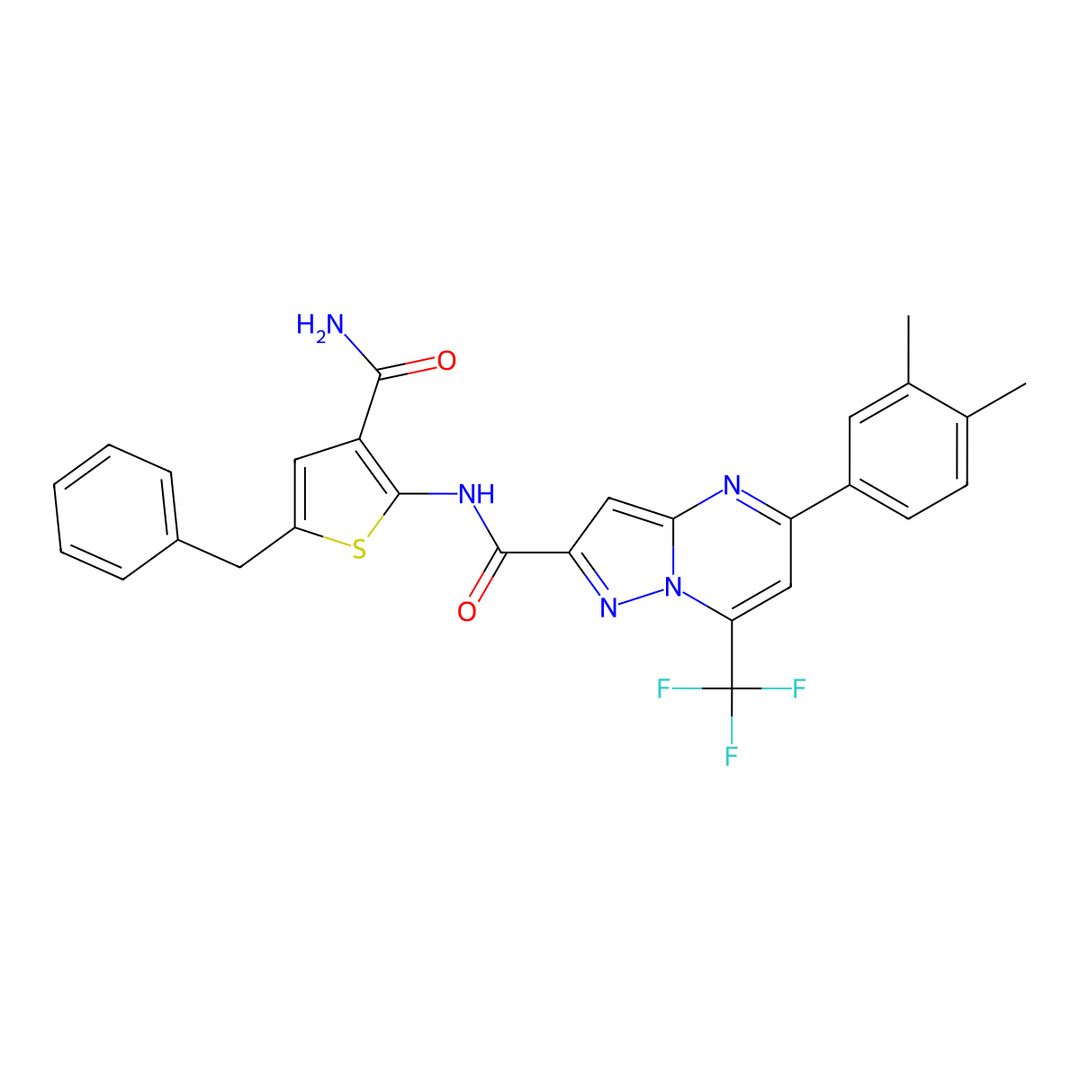 N-(5-benzyl-3-carbamoylthiophen-2-yl)-5-(3,4-dimethylphenyl)-7-(trifluoromethyl)pyrazolo[1,5-a]pyrimidine-2-carboxamide molecular structure, CAS 438222-00-5