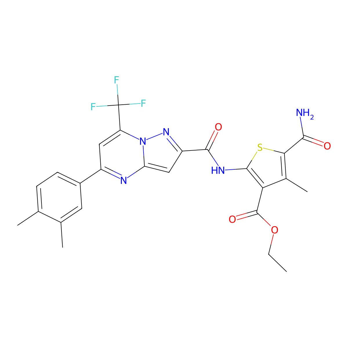 Ethyl 5-(aminocarbonyl)-2-({[5-(3,4-dimethylphenyl)-7-(trifluoromethyl)pyrazolo[1,5-a]pyrimidin-2-yl]carbonyl}amino)-4-methyl-3-thiophenecarboxylate molecular structure, CAS 438222-03-8