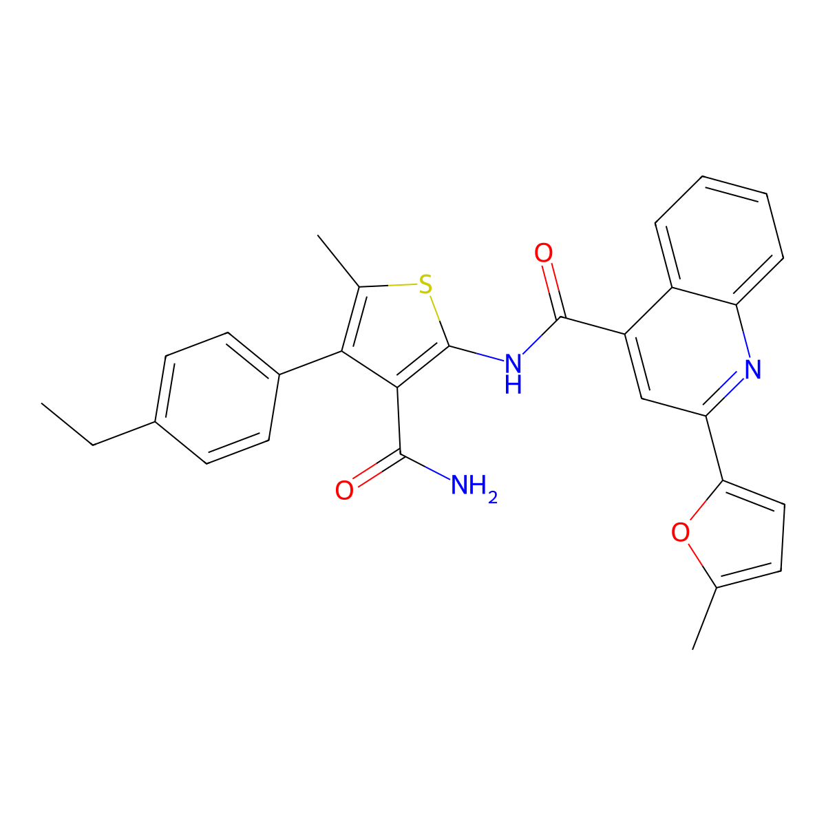N-[3-carbamoyl-4-(4-ethylphenyl)-5-methylthiophen-2-yl]-2-(5-methylfuran-2-yl)quinoline-4-carboxamide molecular structure, CAS 438222-16-3