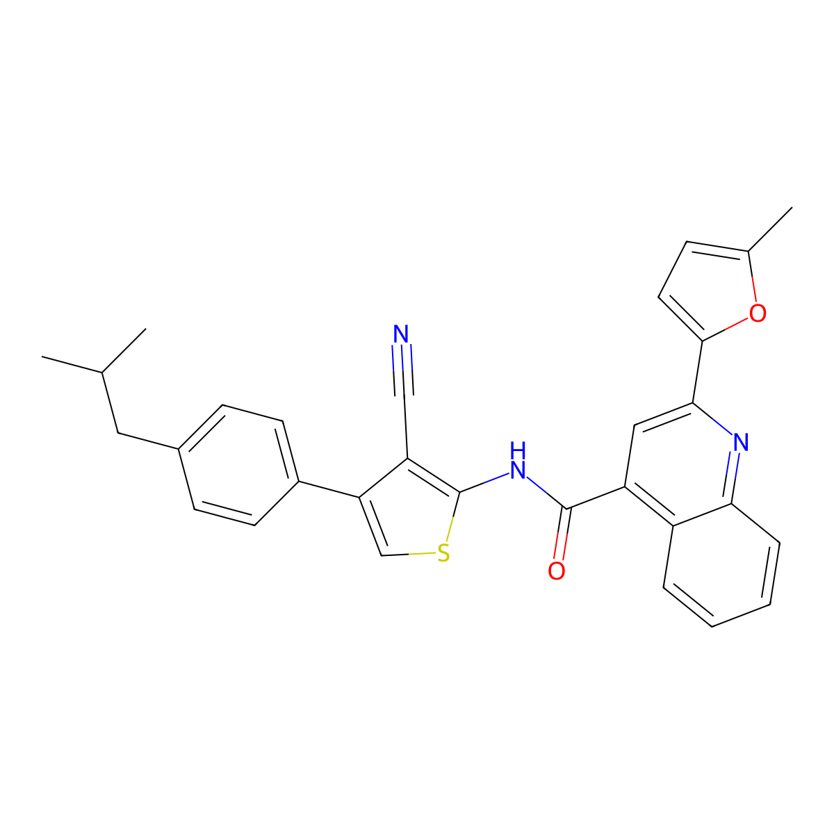 N-[3-cyano-4-[4-(2-methylpropyl)phenyl]thiophen-2-yl]-2-(5-methylfuran-2-yl)quinoline-4-carboxamide molecular structure, CAS 438222-34-5