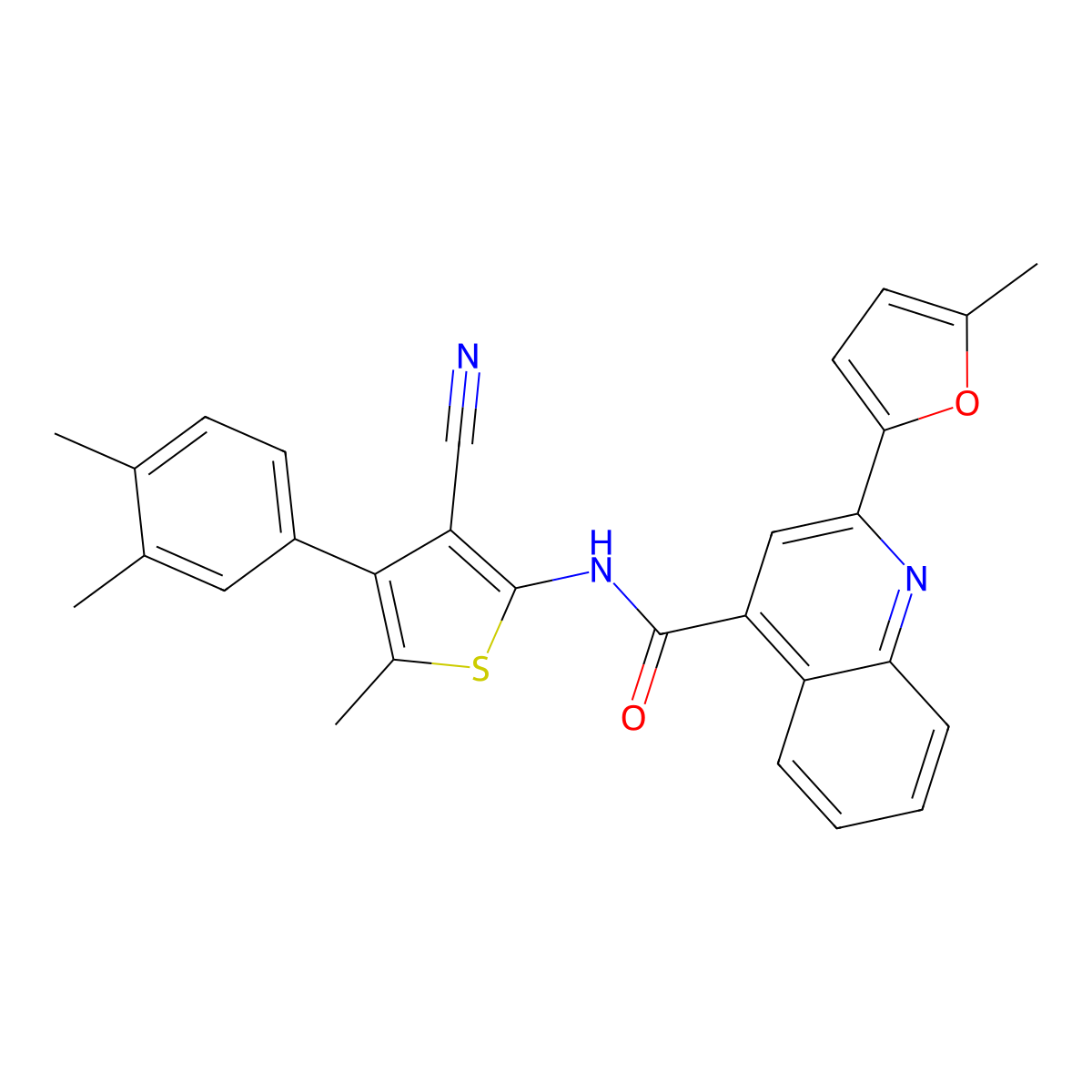 N-[3-cyano-4-(3,4-dimethylphenyl)-5-methylthiophen-2-yl]-2-(5-methylfuran-2-yl)quinoline-4-carboxamide molecular structure, CAS 438222-44-7