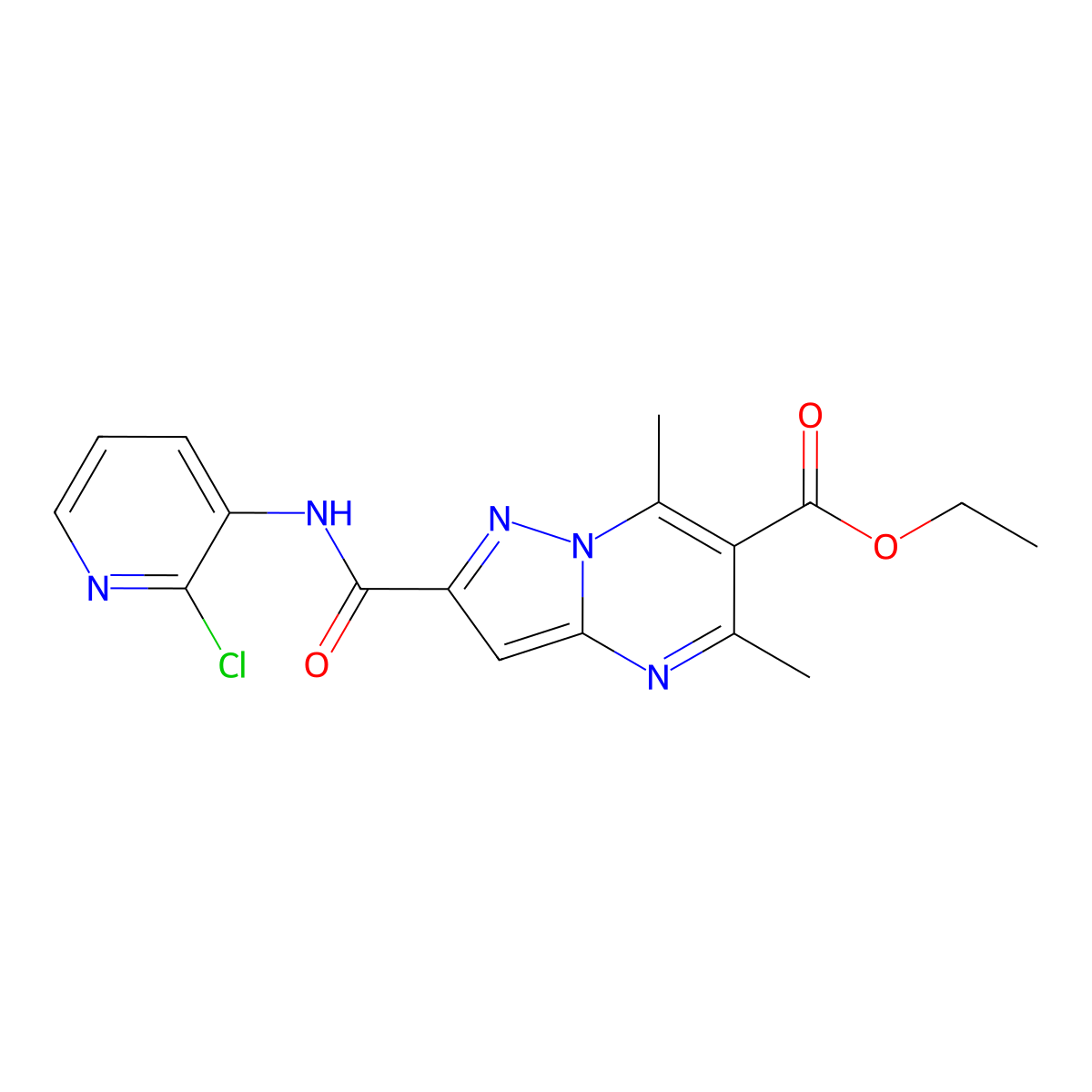 Ethyl 2-[(2-chloropyridin-3-yl)carbamoyl]-5,7-dimethylpyrazolo[1,5-a]pyrimidine-6-carboxylate molecular structure, CAS 438222-49-2