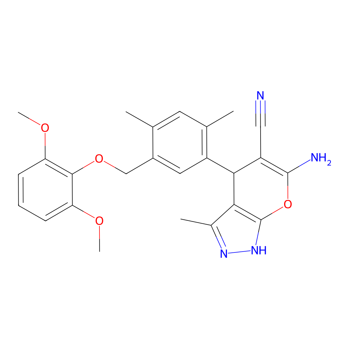 6-Amino-4-{5-[(2,6-dimethoxyphenoxy)methyl]-2,4-dimethylphenyl}-3-methyl-1,4-dihydropyrano[2,3-c]pyrazole-5-carbonitrile molecular structure, CAS 438222-82-3