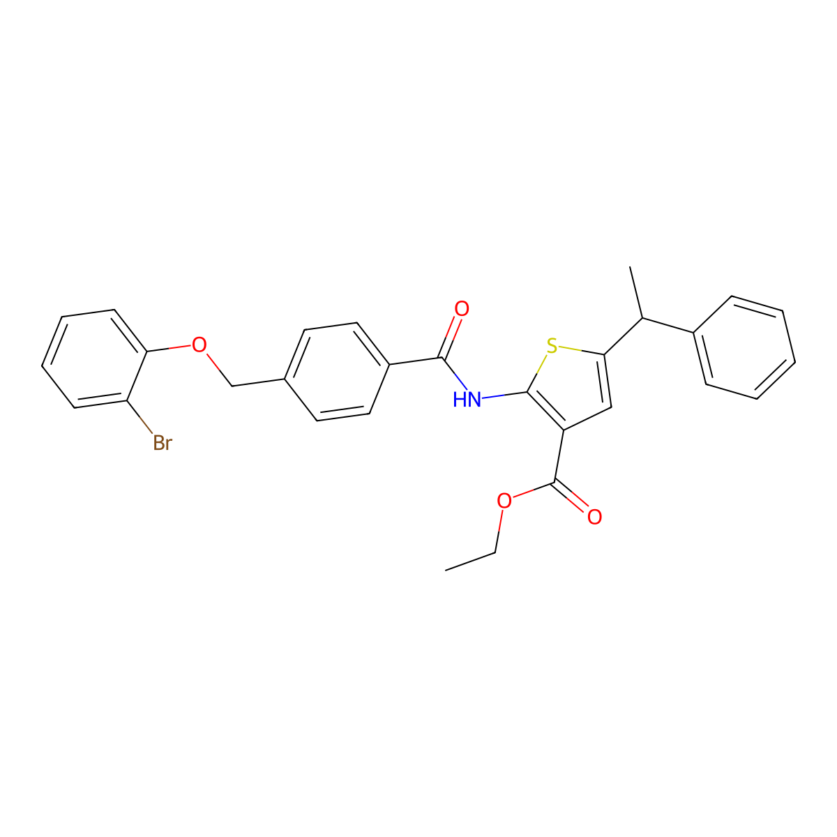 Ethyl 2-({4-[(2-bromophenoxy)methyl]benzoyl}amino)-5-(1-phenylethyl)-3-thiophenecarboxylate molecular structure, CAS 438223-02-0