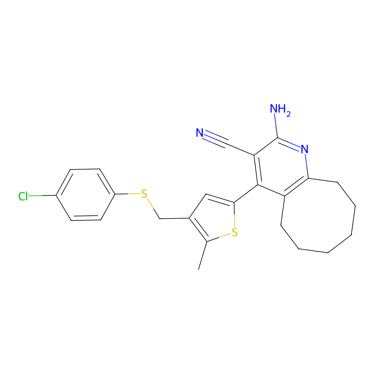 2-Amino-4-(4-{[(4-chlorophenyl)sulfanyl]methyl}-5-methyl-2-thienyl)-5,6,7,8,9,10-hexahydrocycloocta[b]pyridine-3-carbonitrile molecular structure, CAS 438223-14-4