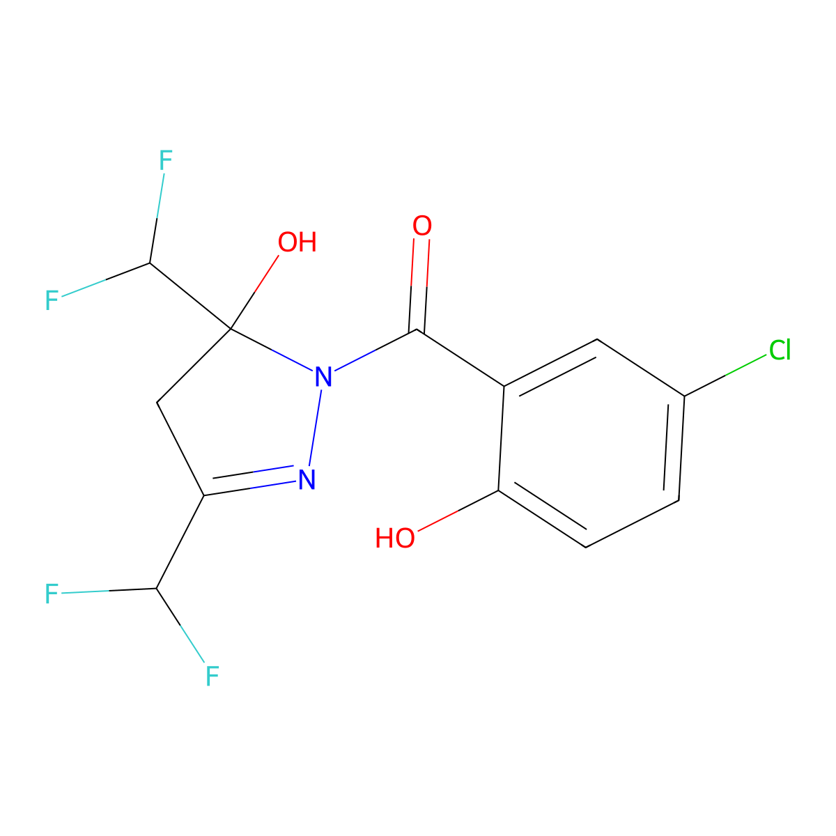 [3,5-bis(difluoromethyl)-5-hydroxy-4,5-dihydro-1H-pyrazol-1-yl](5-chloro-2-hydroxyphenyl)methanone molecular structure, CAS 438223-46-2