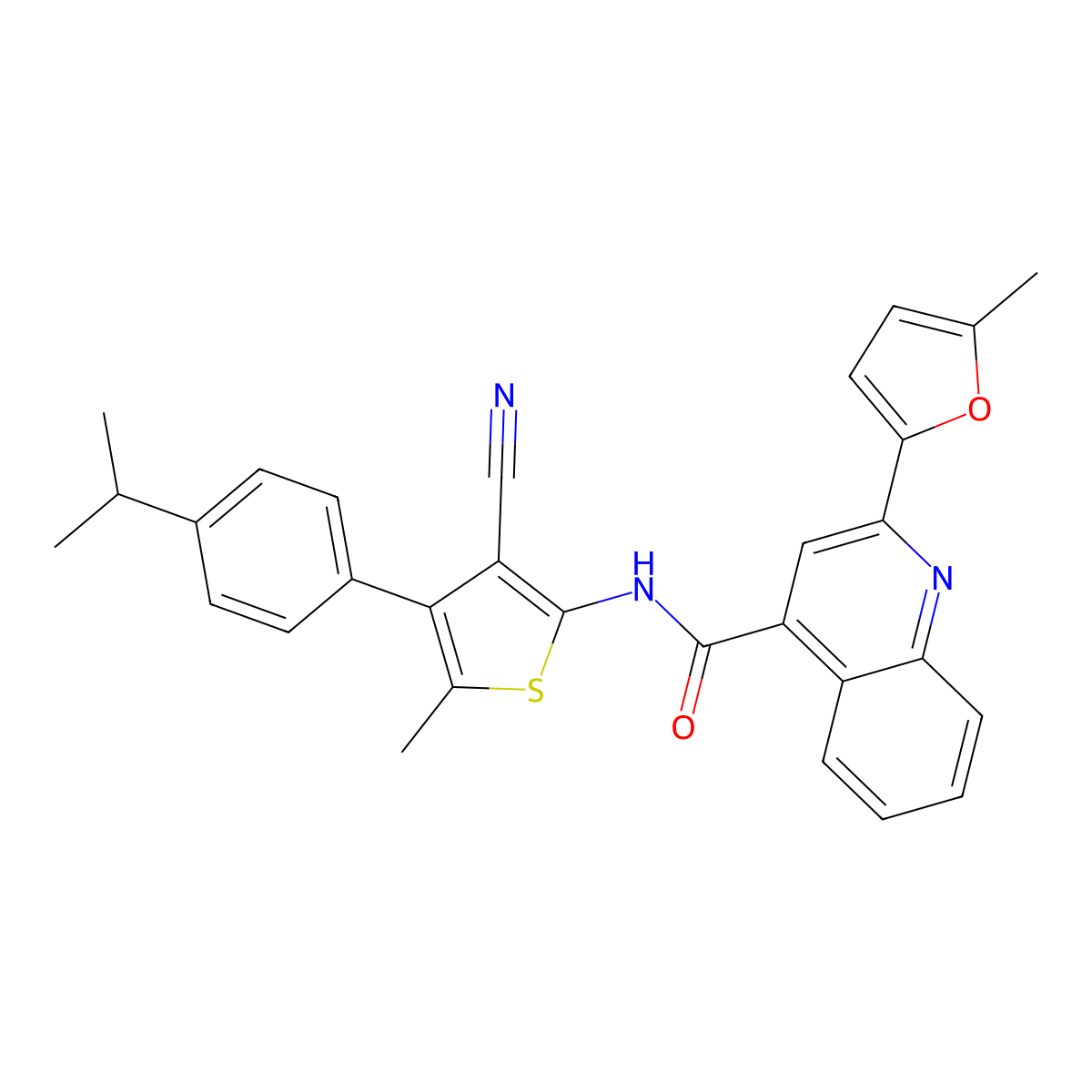 N-[3-cyano-5-methyl-4-(4-propan-2-ylphenyl)thiophen-2-yl]-2-(5-methylfuran-2-yl)quinoline-4-carboxamide molecular structure, CAS 438223-63-3