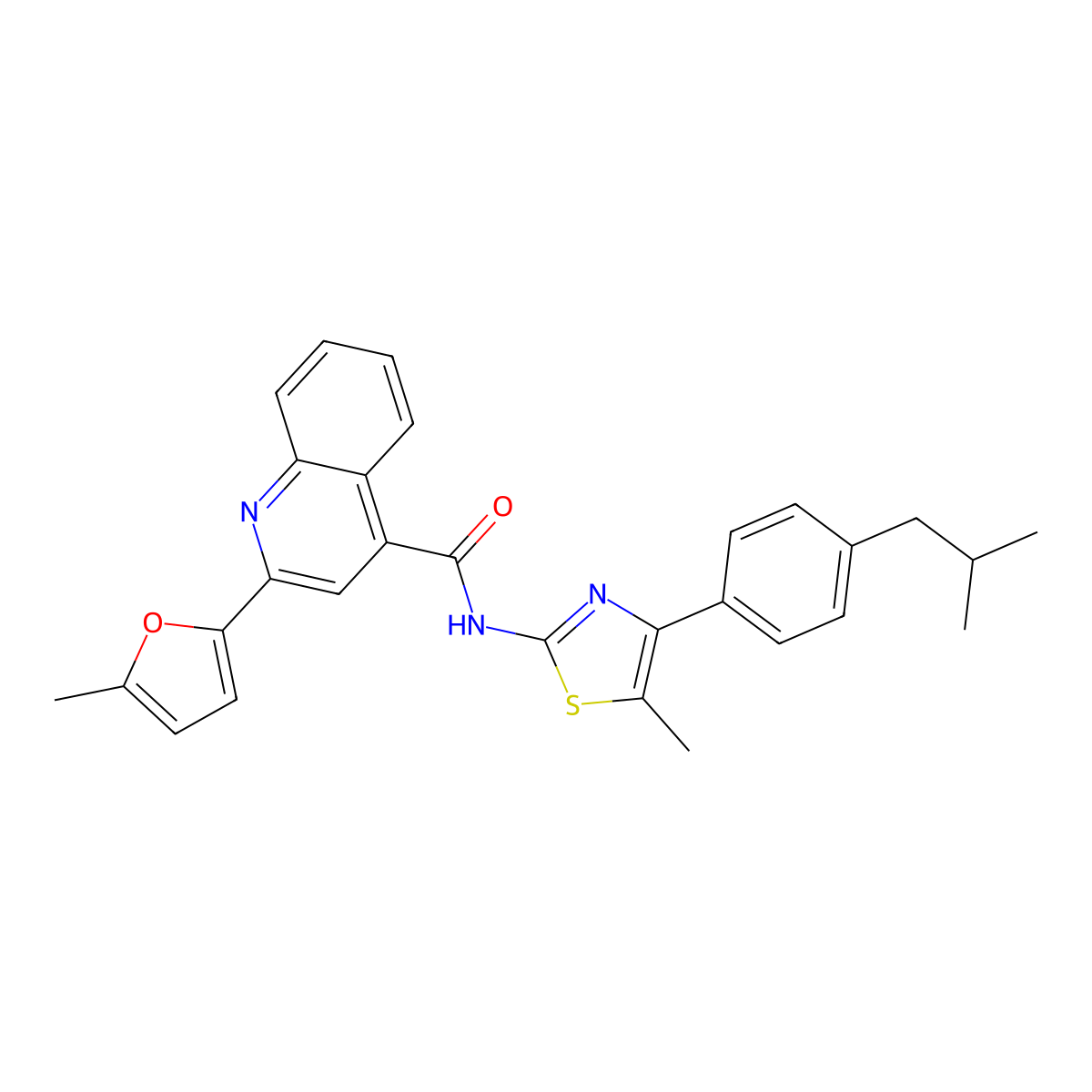 2-(5-methylfuran-2-yl)-N-[5-methyl-4-[4-(2-methylpropyl)phenyl]-1,3-thiazol-2-yl]quinoline-4-carboxamide molecular structure, CAS 438223-75-7