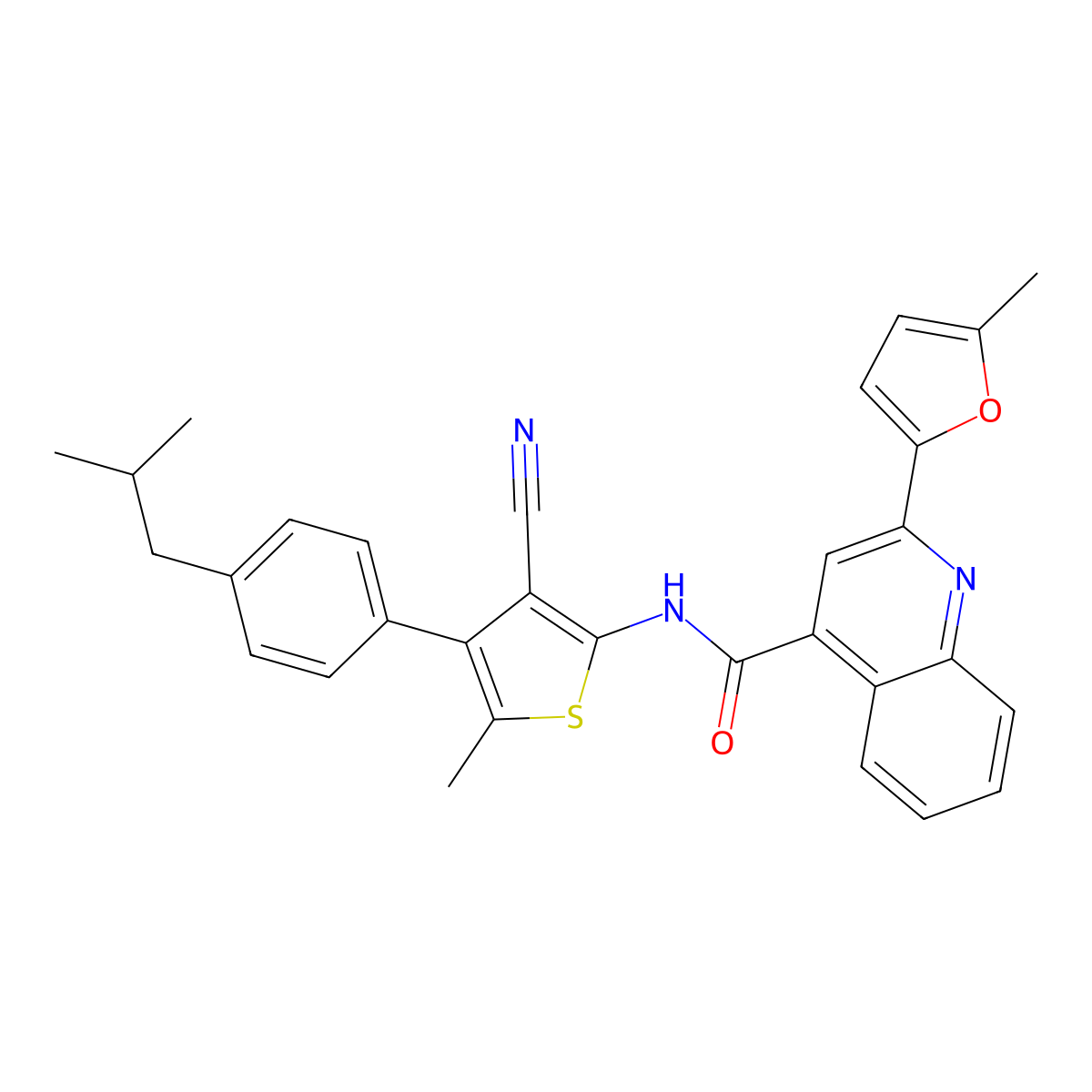 N-[3-cyano-5-methyl-4-[4-(2-methylpropyl)phenyl]thiophen-2-yl]-2-(5-methylfuran-2-yl)quinoline-4-carboxamide molecular structure, CAS 438223-95-1