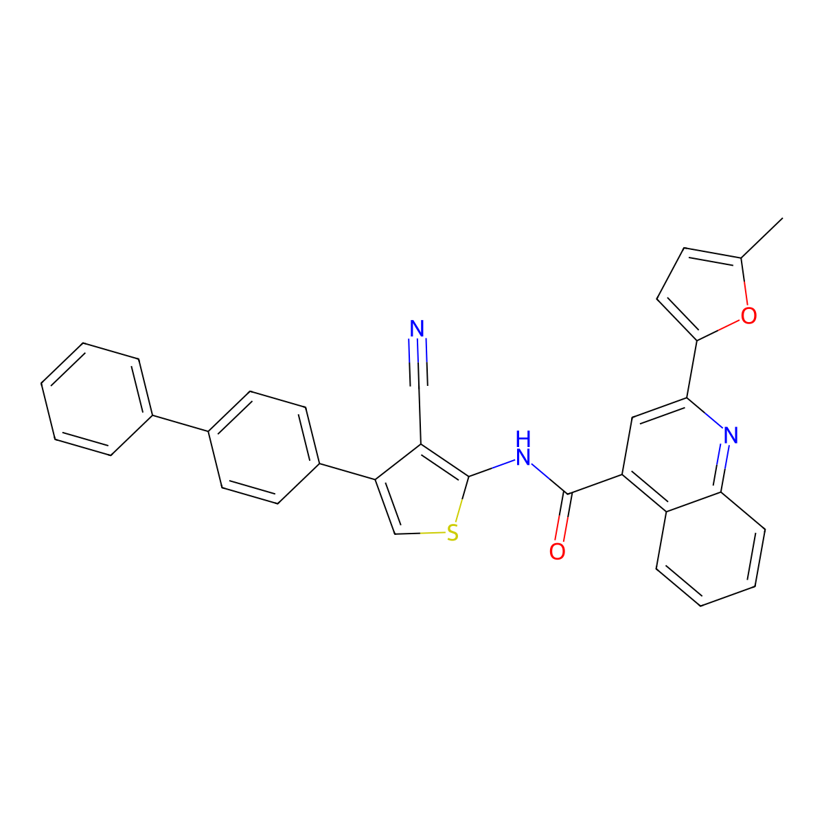N-[3-cyano-4-(4-phenylphenyl)thiophen-2-yl]-2-(5-methylfuran-2-yl)quinoline-4-carboxamide molecular structure, CAS 438223-97-3