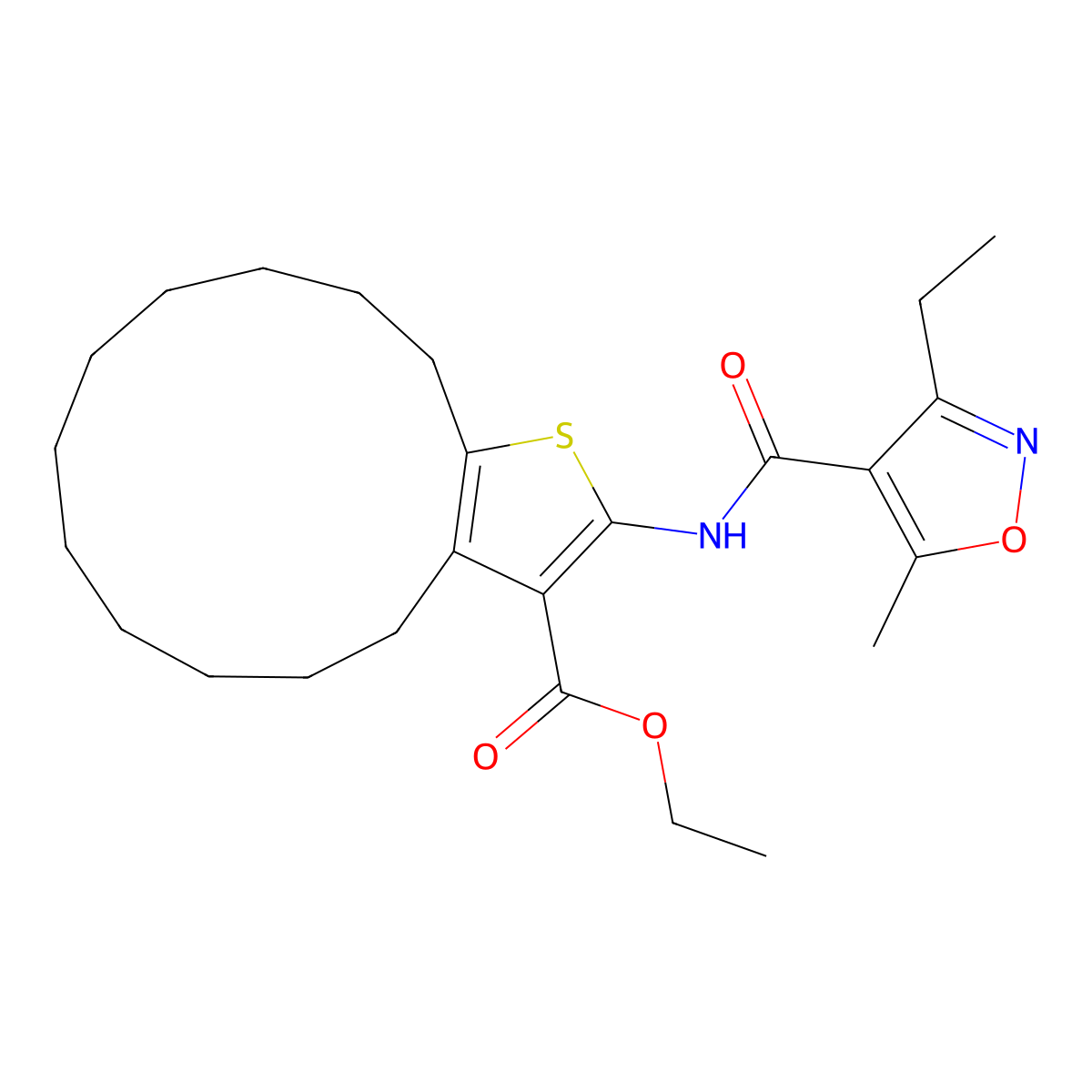 Ethyl 15-[(3-ethyl-5-methyl-1,2-oxazole-4-carbonyl)amino]-14-thiabicyclo[11.3.0]hexadeca-1(13),15-diene-16-carboxylate molecular structure, CAS 438224-00-1