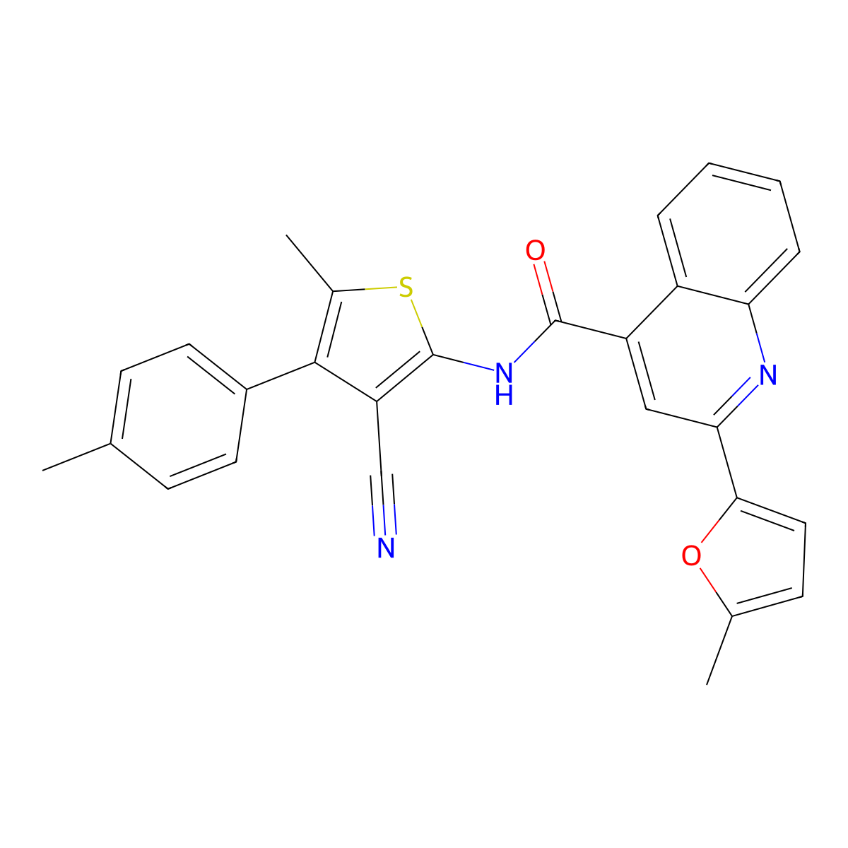 N-[3-cyano-5-methyl-4-(4-methylphenyl)thiophen-2-yl]-2-(5-methylfuran-2-yl)quinoline-4-carboxamide molecular structure, CAS 438224-08-9