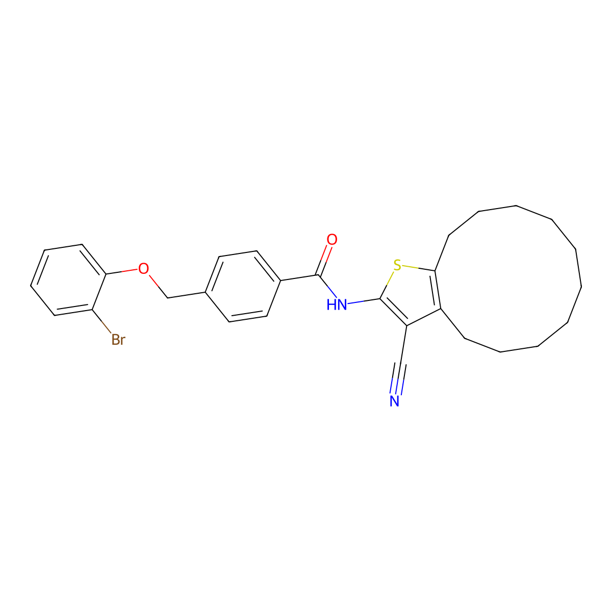 4-[(2-bromophenoxy)methyl]-N-(3-cyano-4,5,6,7,8,9,10,11,12,13-decahydrocyclododeca[b]thiophen-2-yl)benzamide molecular structure, CAS 438224-23-8