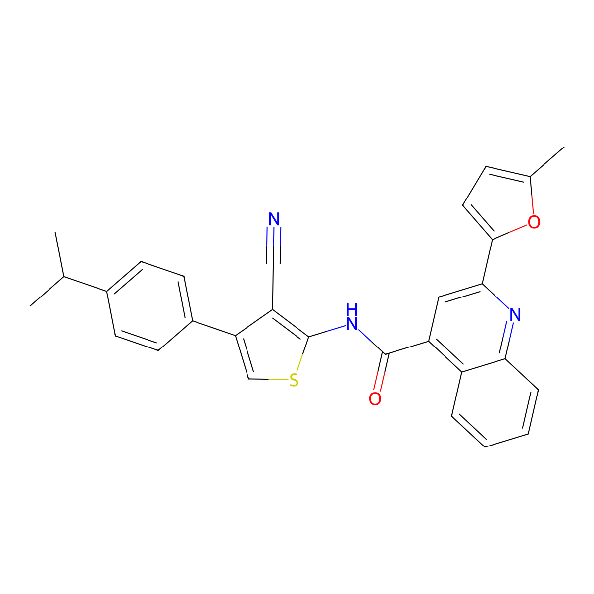 N-[3-cyano-4-(4-propan-2-ylphenyl)thiophen-2-yl]-2-(5-methylfuran-2-yl)quinoline-4-carboxamide molecular structure, CAS 438224-61-4