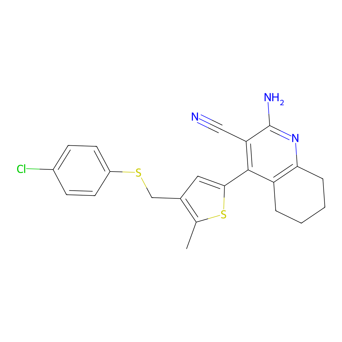 2-Amino-4-(4-{[(4-chlorophenyl)sulfanyl]methyl}-5-methyl-2-thienyl)-5,6,7,8-tetrahydro-3-quinolinecarbonitrile molecular structure, CAS 438224-76-1