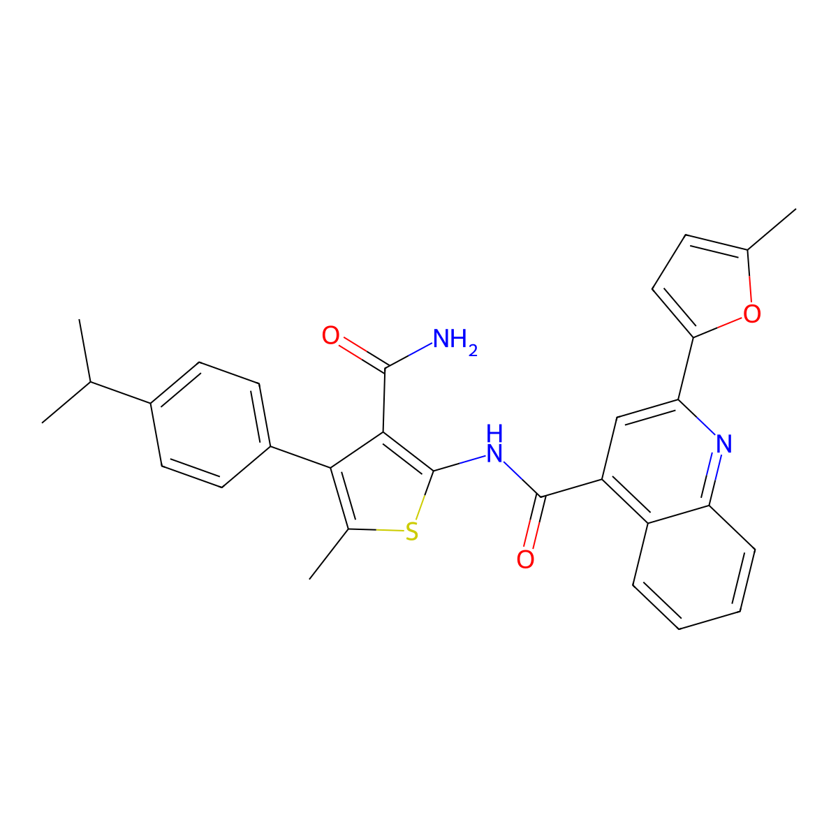 N-[3-carbamoyl-5-methyl-4-(4-propan-2-ylphenyl)thiophen-2-yl]-2-(5-methylfuran-2-yl)quinoline-4-carboxamide molecular structure, CAS 438224-94-3