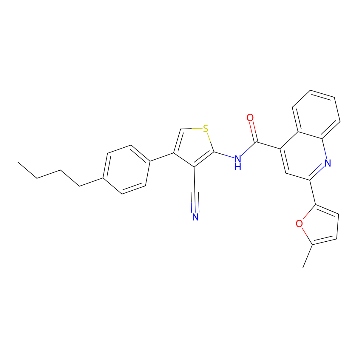 N-[4-(4-butylphenyl)-3-cyanothiophen-2-yl]-2-(5-methylfuran-2-yl)quinoline-4-carboxamide molecular structure, CAS 438225-06-0