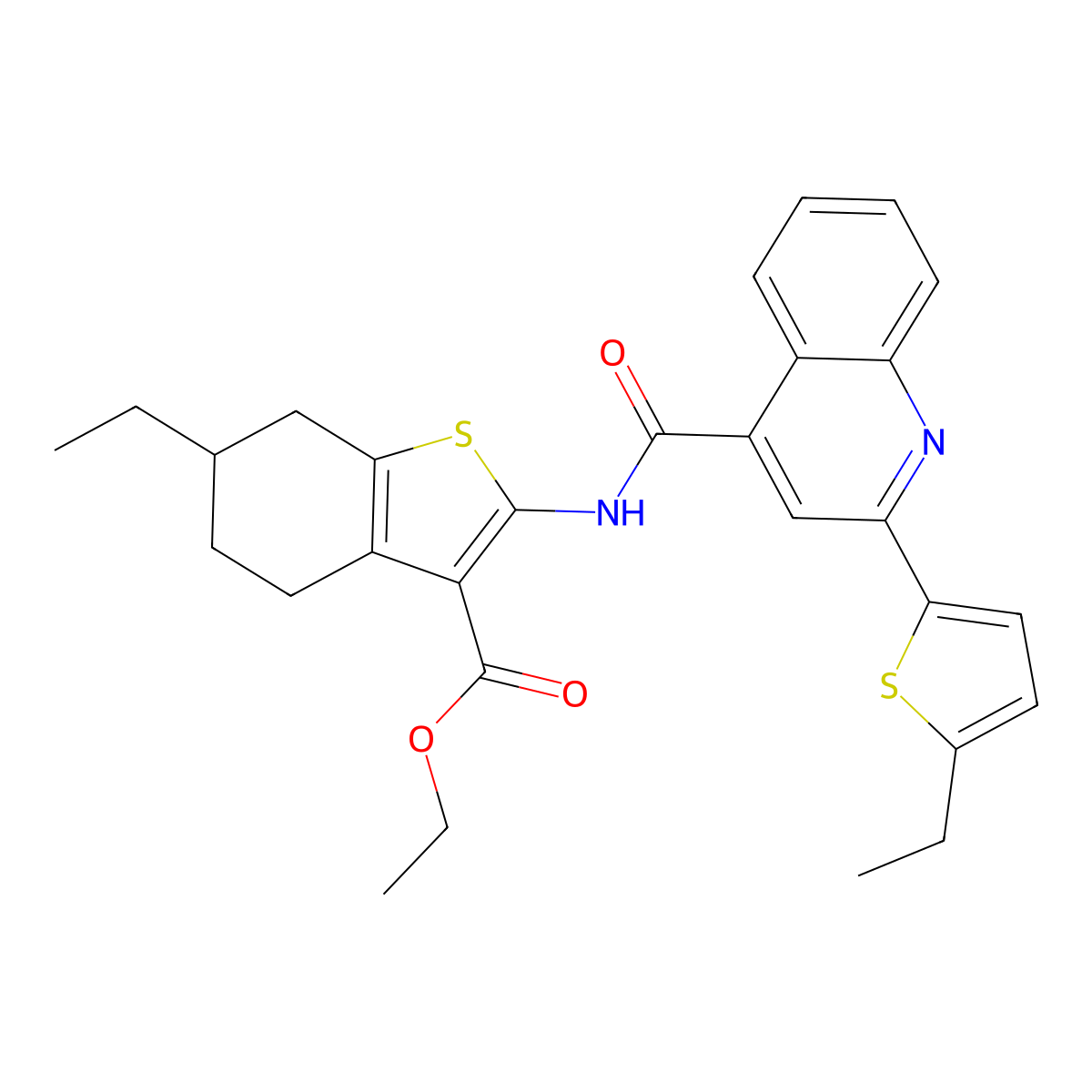 Ethyl 6-ethyl-2-[[2-(5-ethylthiophen-2-yl)quinoline-4-carbonyl]amino]-4,5,6,7-tetrahydro-1-benzothiophene-3-carboxylate molecular structure, CAS 438225-22-0