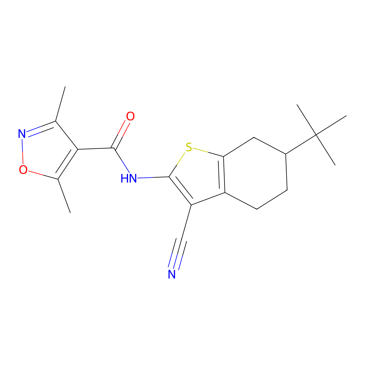 N-(6-tert-butyl-3-cyano-4,5,6,7-tetrahydro-1-benzothiophen-2-yl)-3,5-dimethyl-1,2-oxazole-4-carboxamide molecular structure, CAS 438225-31-1
