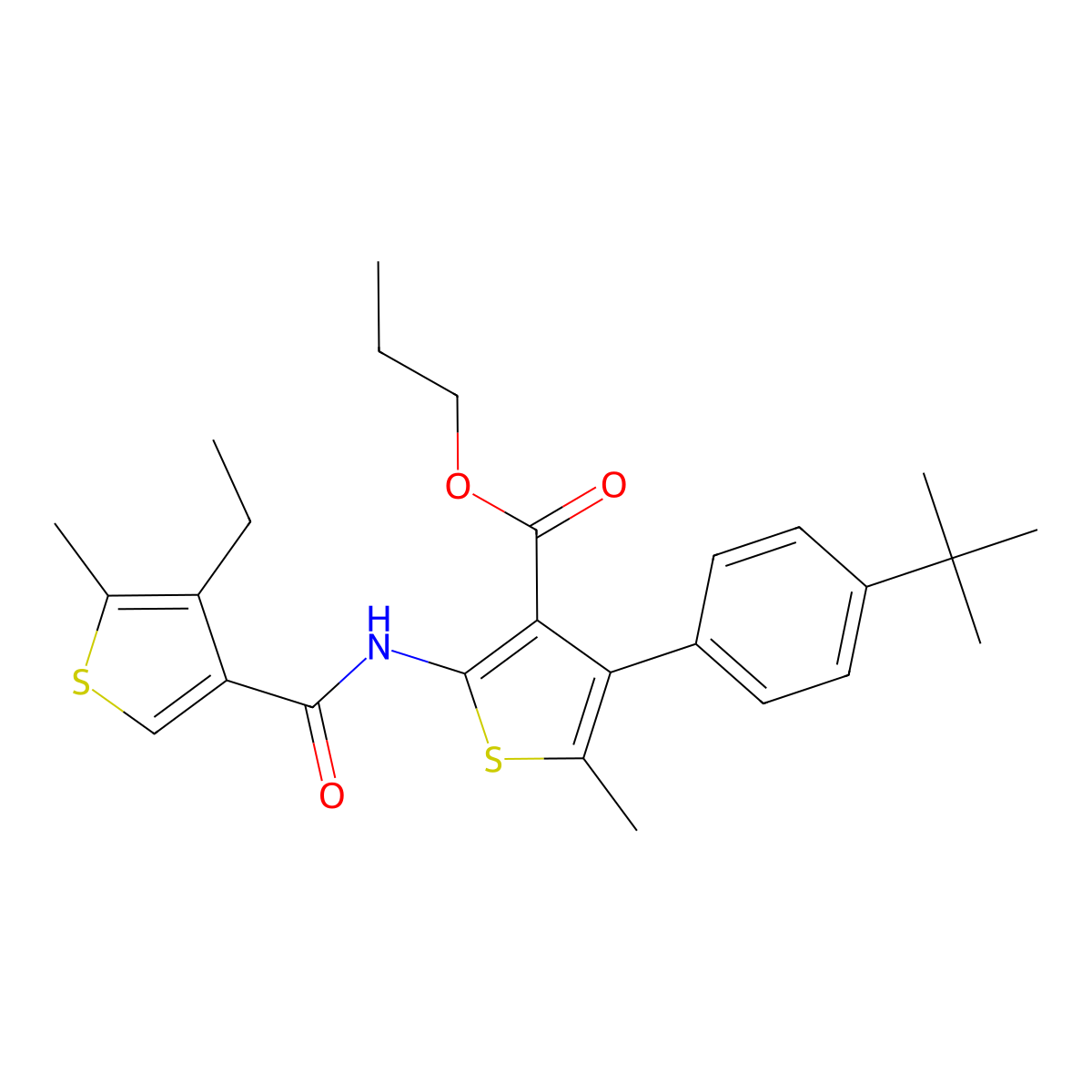 Propyl 4-(4-tert-butylphenyl)-2-[(4-ethyl-5-methylthiophene-3-carbonyl)amino]-5-methylthiophene-3-carboxylate molecular structure, CAS 438225-65-1