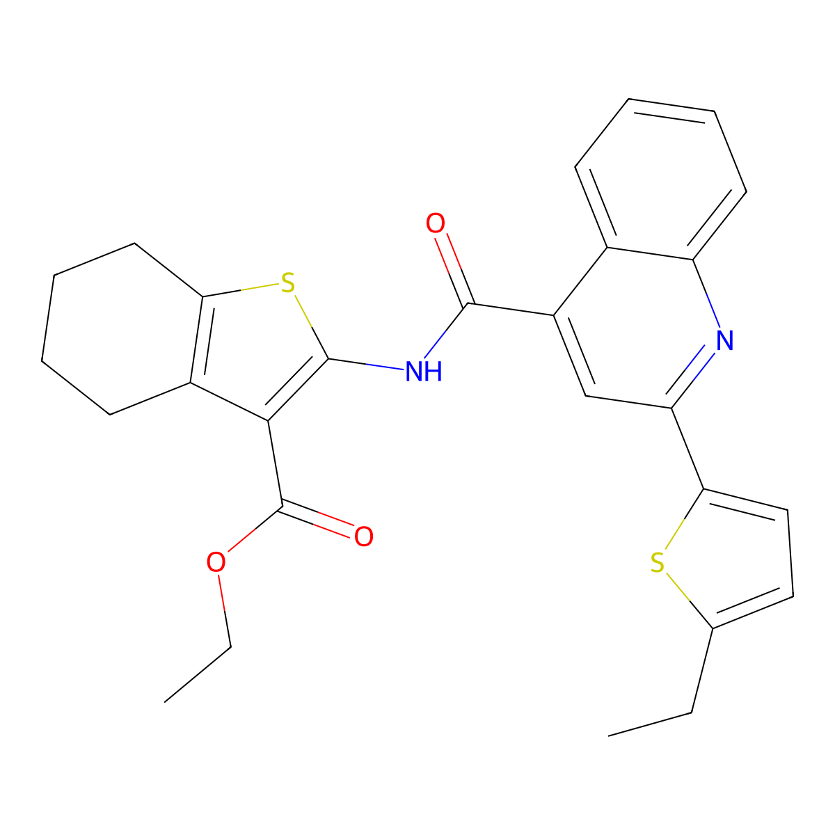 Ethyl 2-[[2-(5-ethylthiophen-2-yl)quinoline-4-carbonyl]amino]-4,5,6,7-tetrahydro-1-benzothiophene-3-carboxylate molecular structure, CAS 438225-82-2