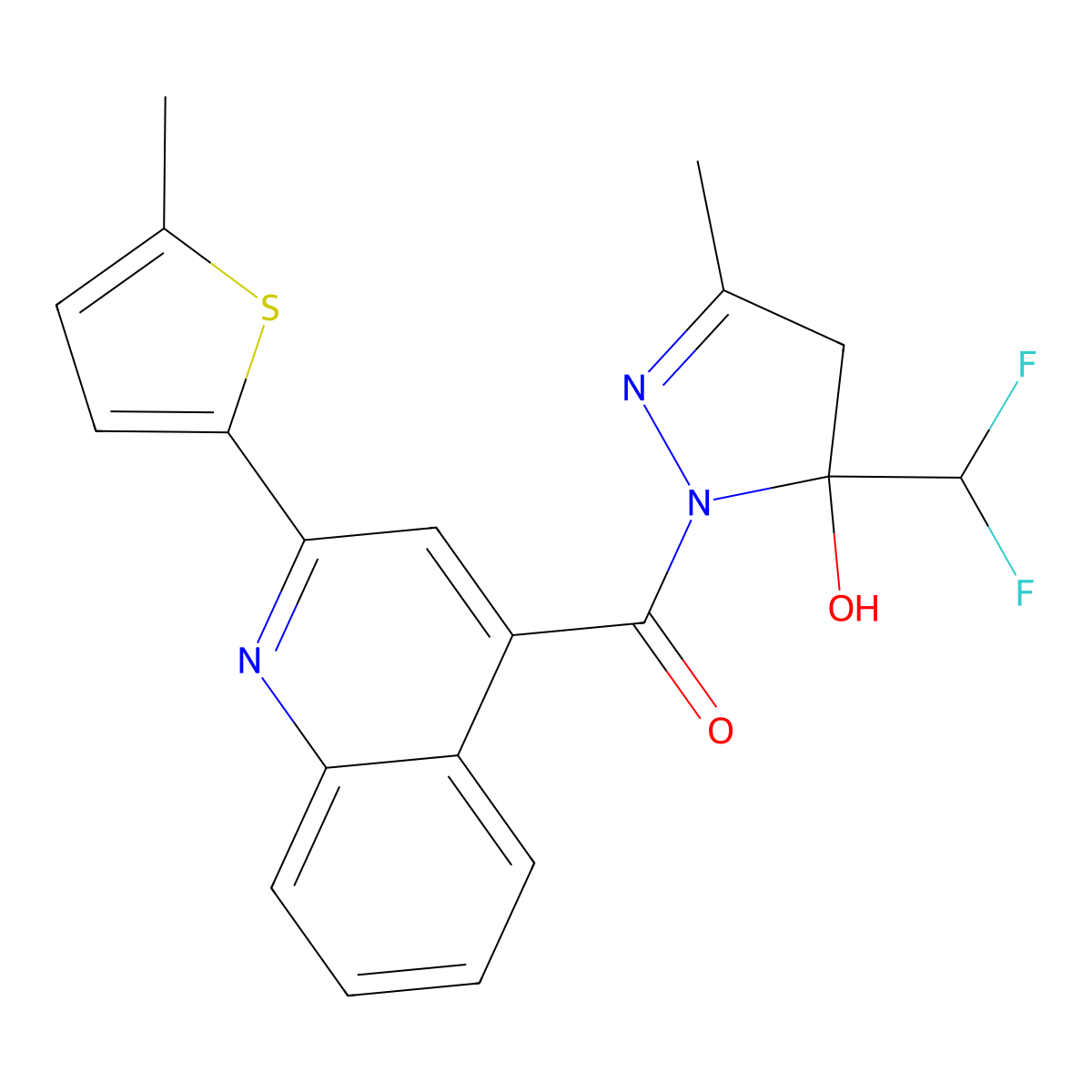 [5-(difluoromethyl)-5-hydroxy-3-methyl-4H-pyrazol-1-yl]-[2-(5-methylthiophen-2-yl)quinolin-4-yl]methanone molecular structure, CAS 438225-87-7