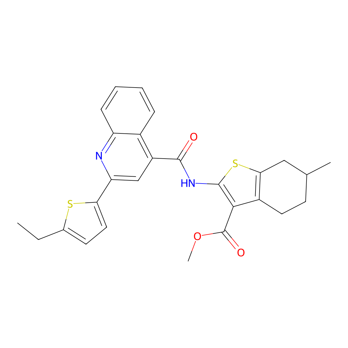 Methyl 2-({[2-(5-ethylthiophen-2-yl)quinolin-4-yl]carbonyl}amino)-6-methyl-4,5,6,7-tetrahydro-1-benzothiophene-3-carboxylate molecular structure, CAS 438225-89-9