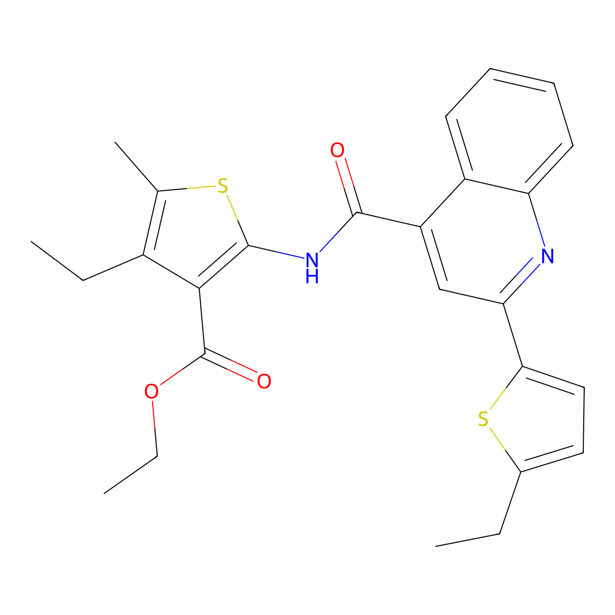 Ethyl 4-ethyl-2-[[2-(5-ethylthiophen-2-yl)quinoline-4-carbonyl]amino]-5-methylthiophene-3-carboxylate molecular structure, CAS 438226-07-4