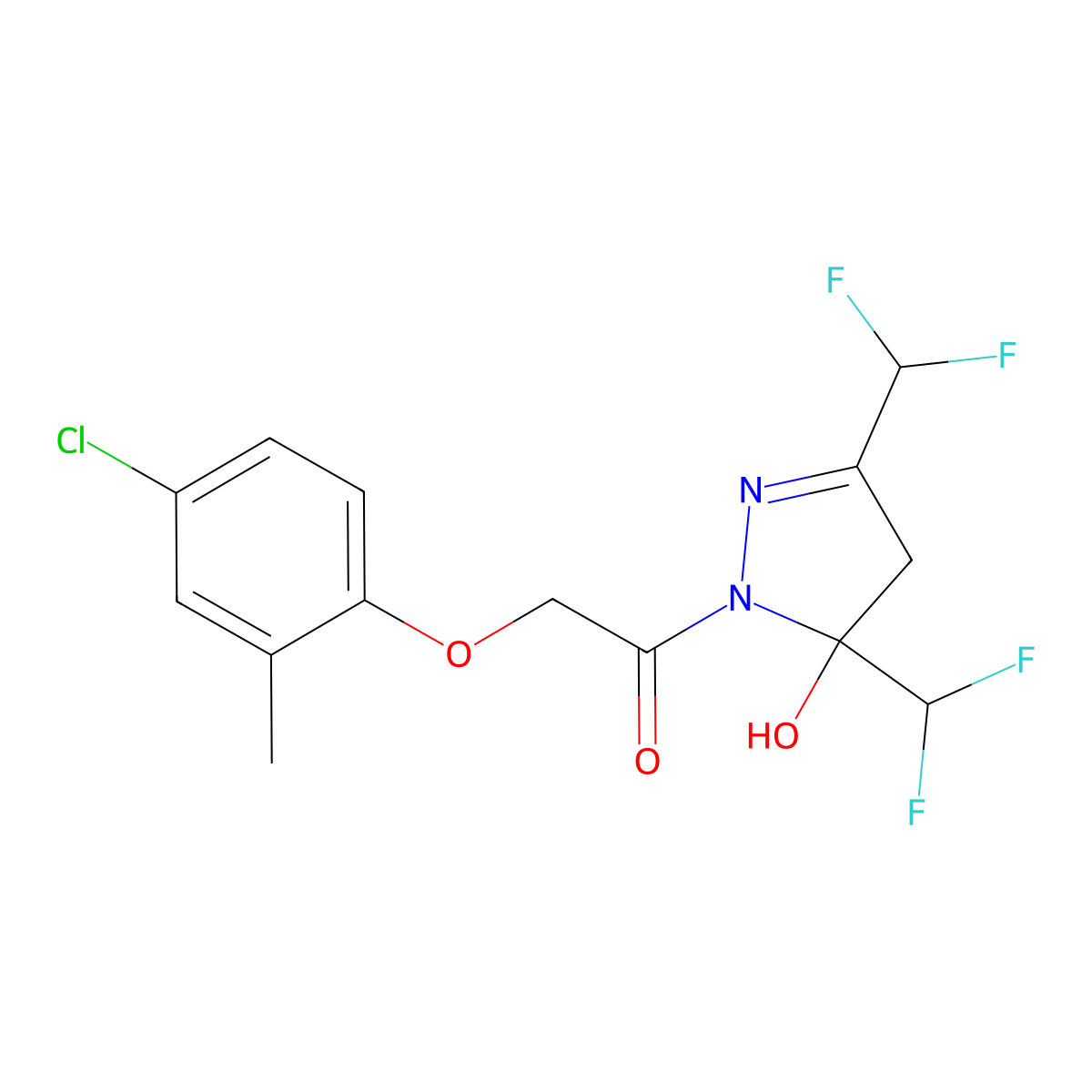 1-[3,5-bis(difluoromethyl)-5-hydroxy-4H-pyrazol-1-yl]-2-(4-chloro-2-methylphenoxy)ethanone molecular structure, CAS 438226-30-3
